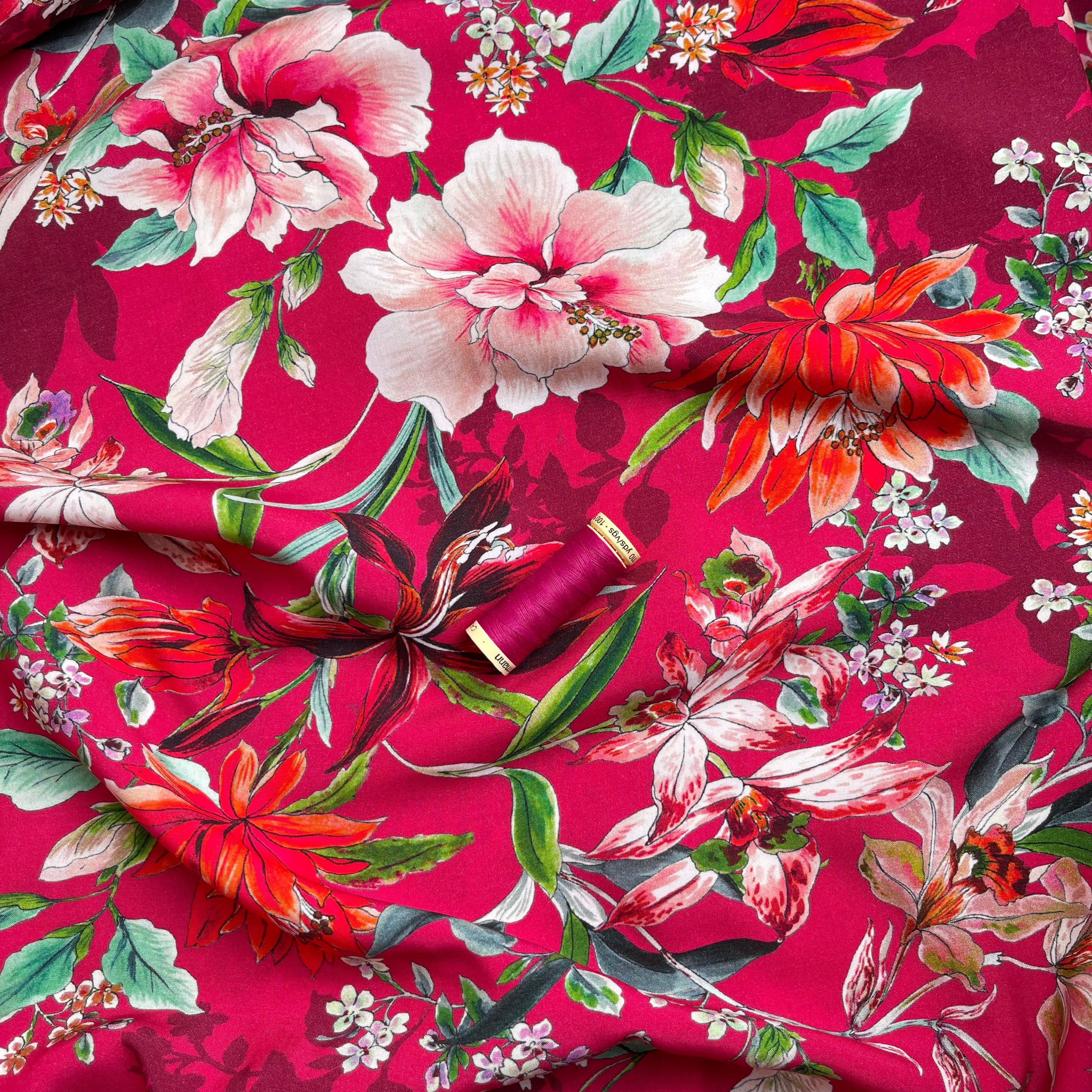 Watercolour Tropics on Fuchsia Viscose Poplin Fabric