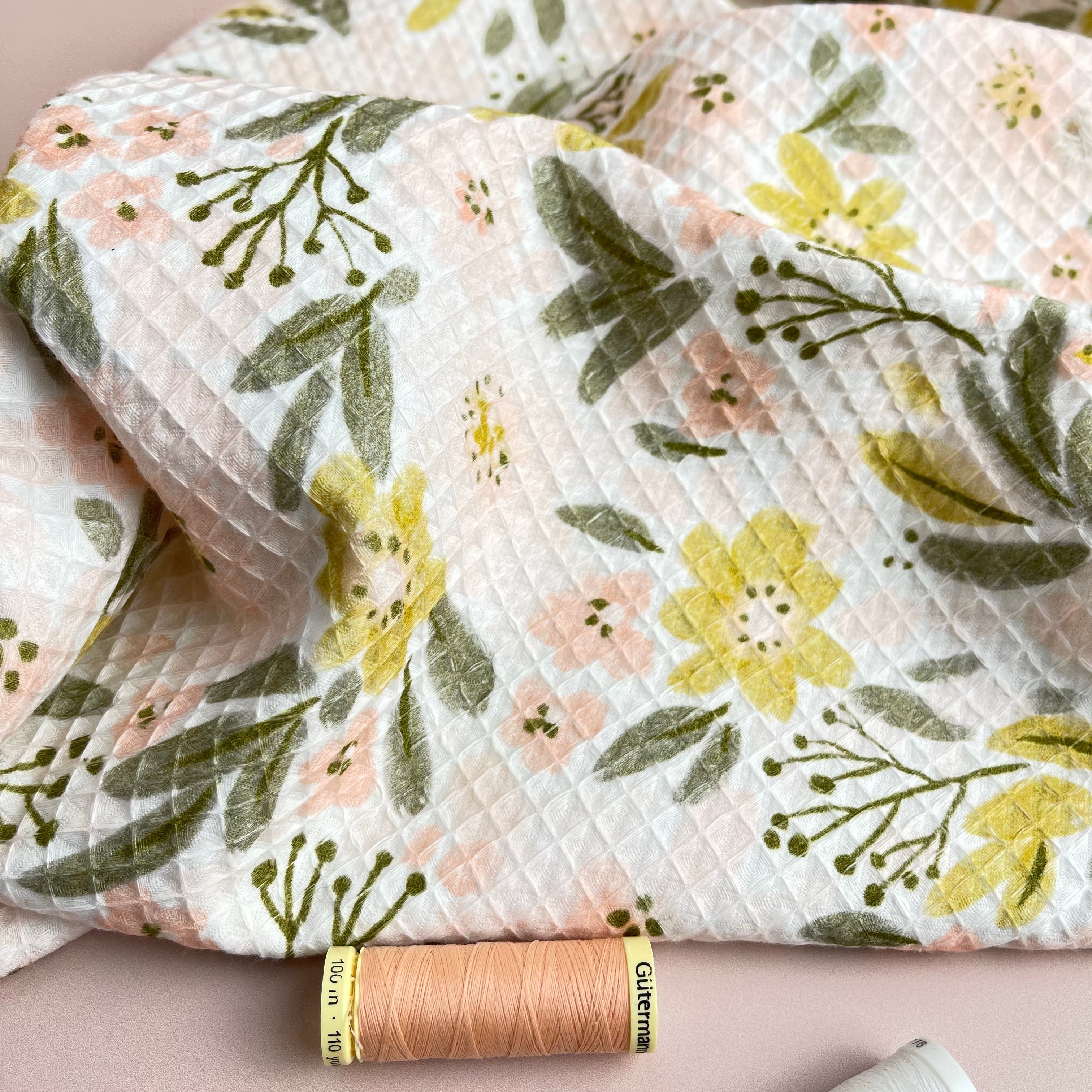 REMNANT 0.36 Metre - White Floral Pure Cotton Waffle Fabric