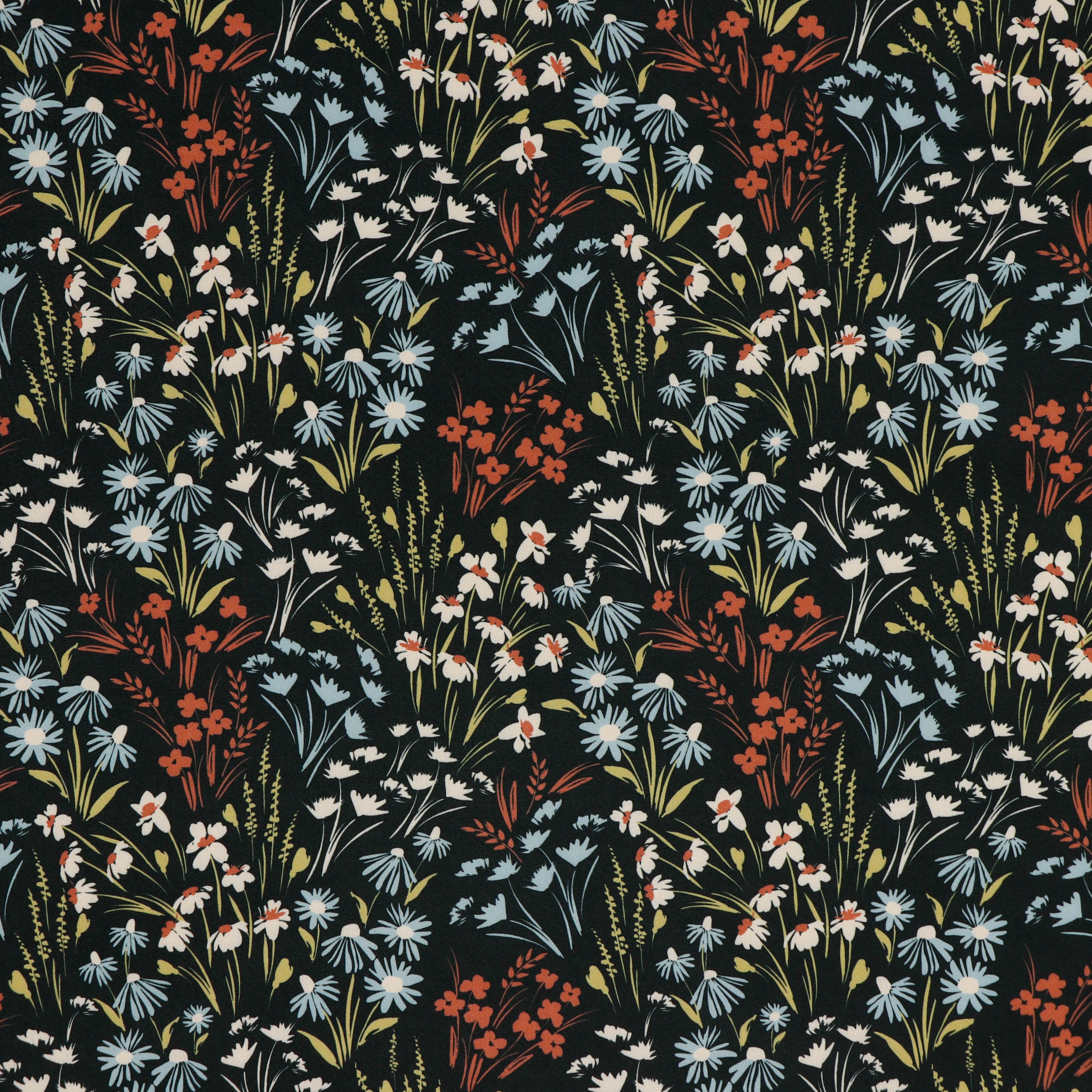 Meadow Flowers in Black Soft Shell Fleece Fabric