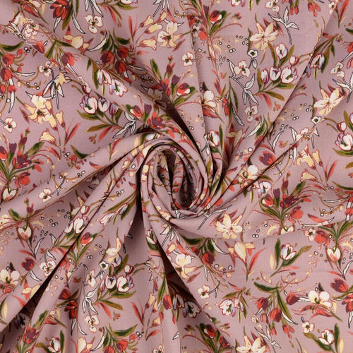 REMNANT 2.14 Metres - Floral Bouquet Mauve Stretch Viscose Poplin Fabric