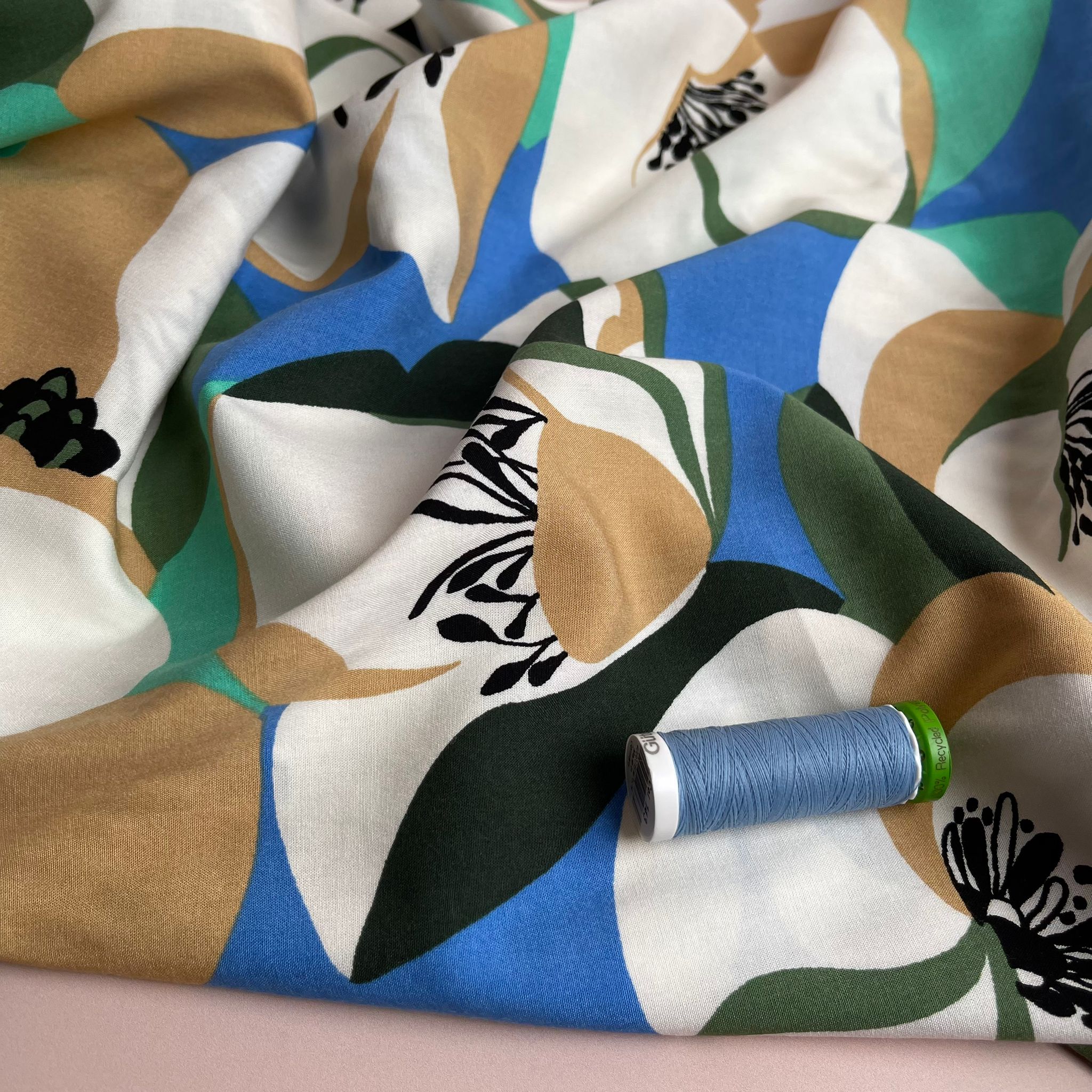 REMNANT 0.65 Metre - Graphic Abstract Poppy Green Stretch Viscose Poplin Fabric
