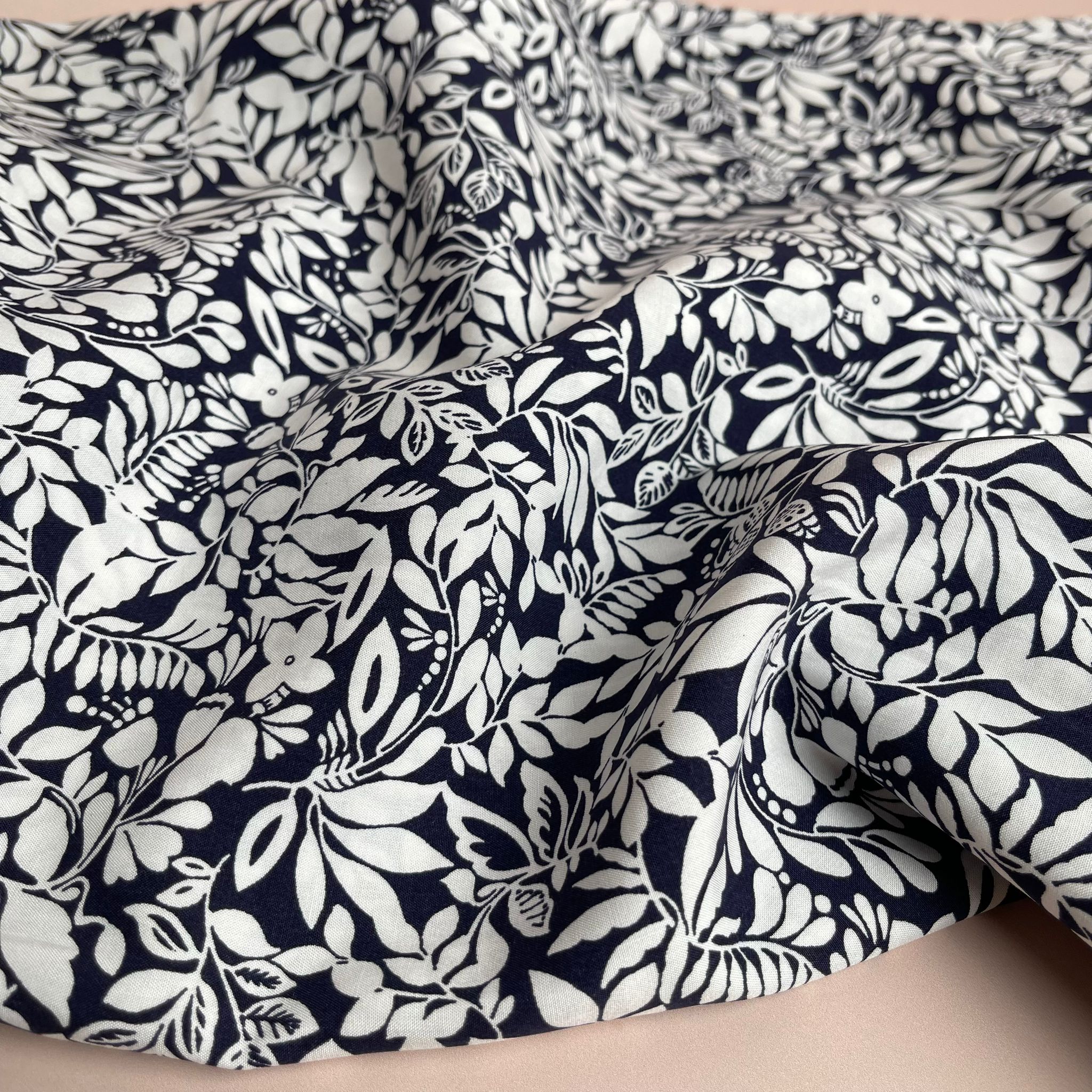Foliage Dark Navy Viscose Poplin Fabric