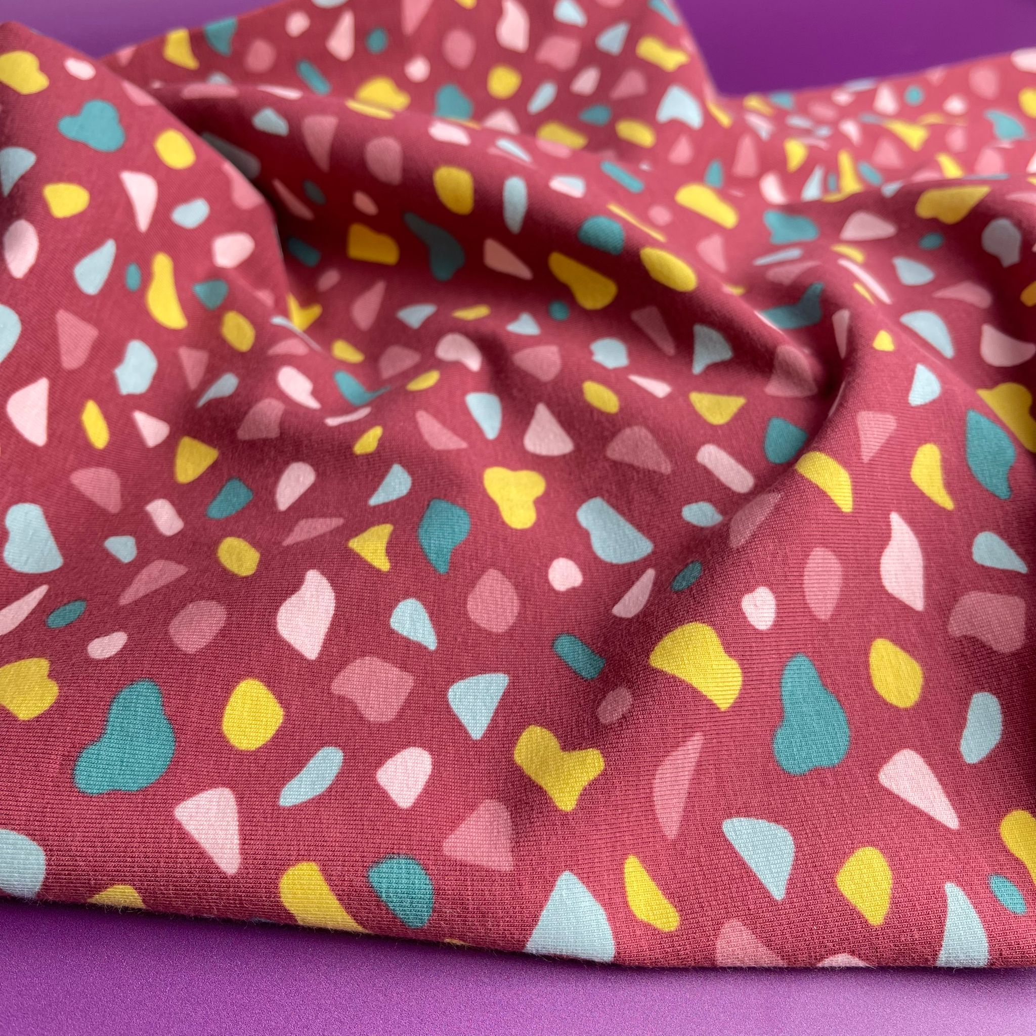 Joyful Terrazzo Red GOTS Organic Cotton Jersey Fabric
