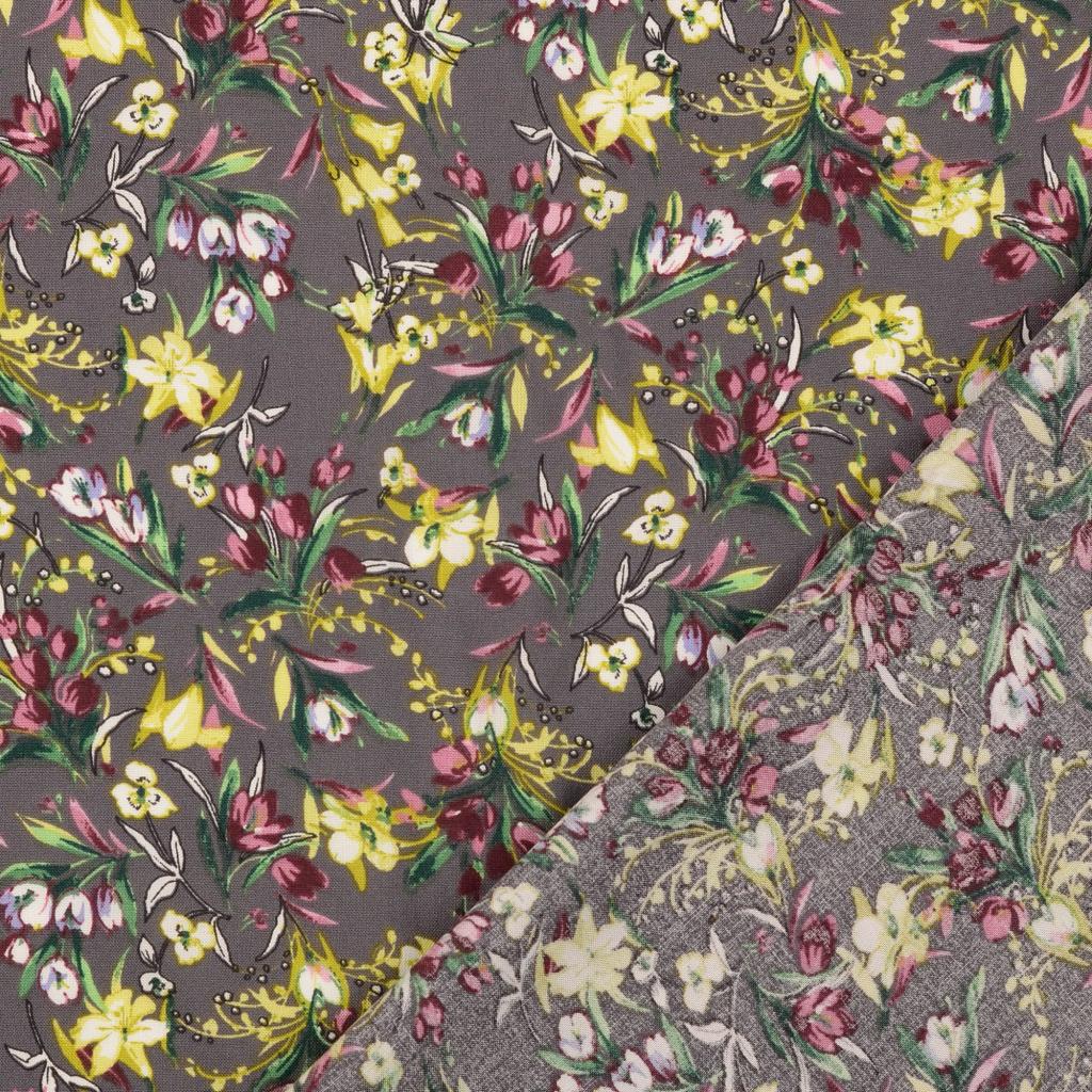 REMNANT 2.08 metres - Floral Bouquet Grey Stretch Viscose Poplin Fabric