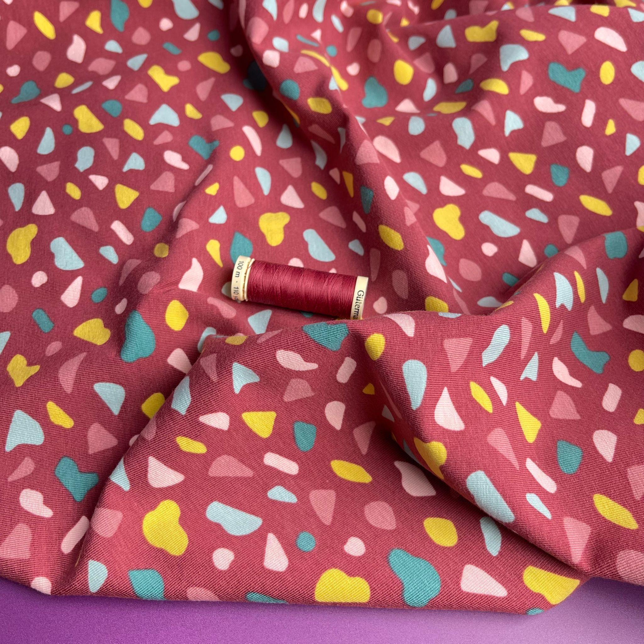 Joyful Terrazzo Red GOTS Organic Cotton Jersey Fabric