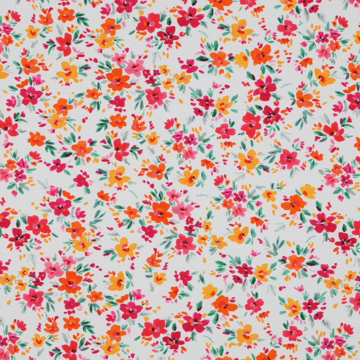 REMNANT 2 Metres (fault, some black marks accross fabric)  - Watercolour Wildflowers on White Cotton Jersey Fabric