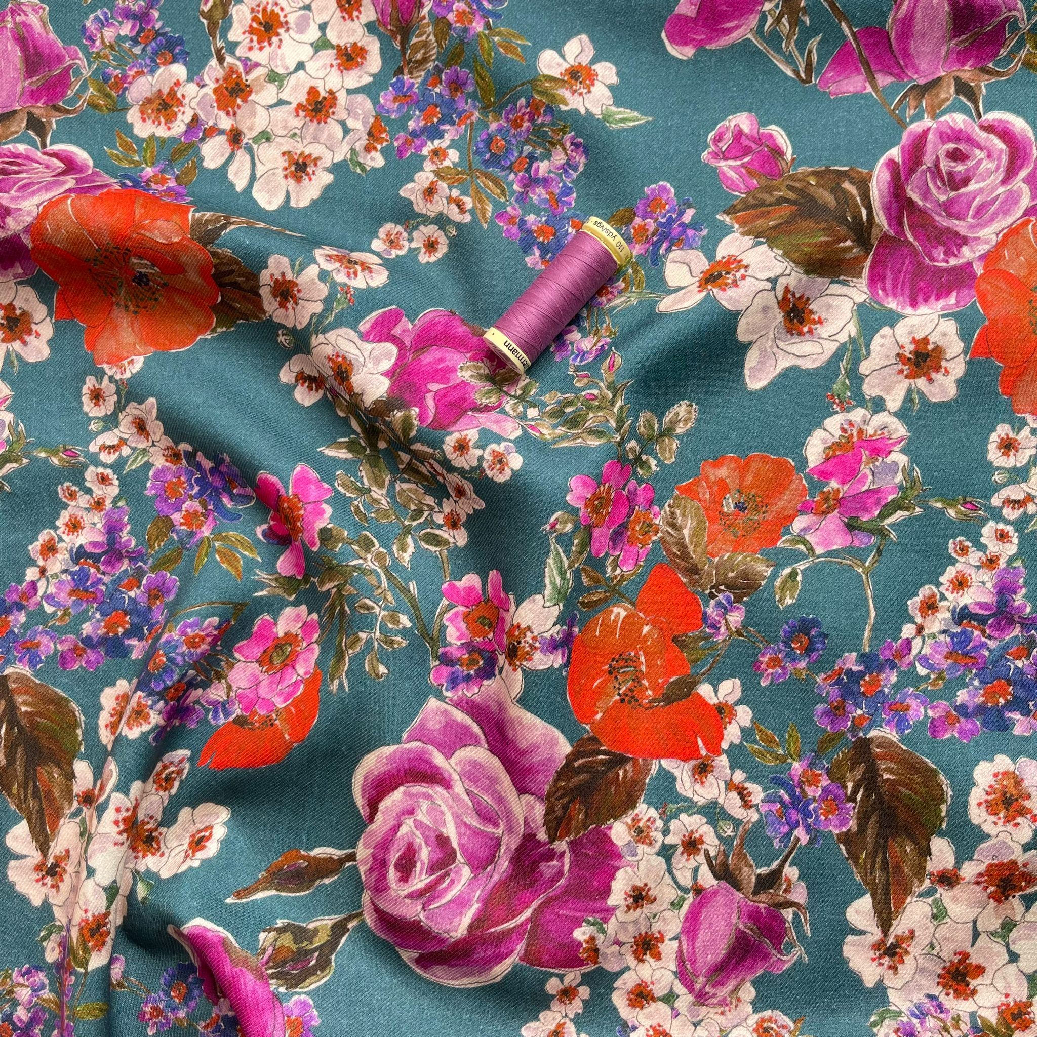 REMNANT 1.68 Metres - Blossoms on Teal Modal Blend Twill Dress Fabric