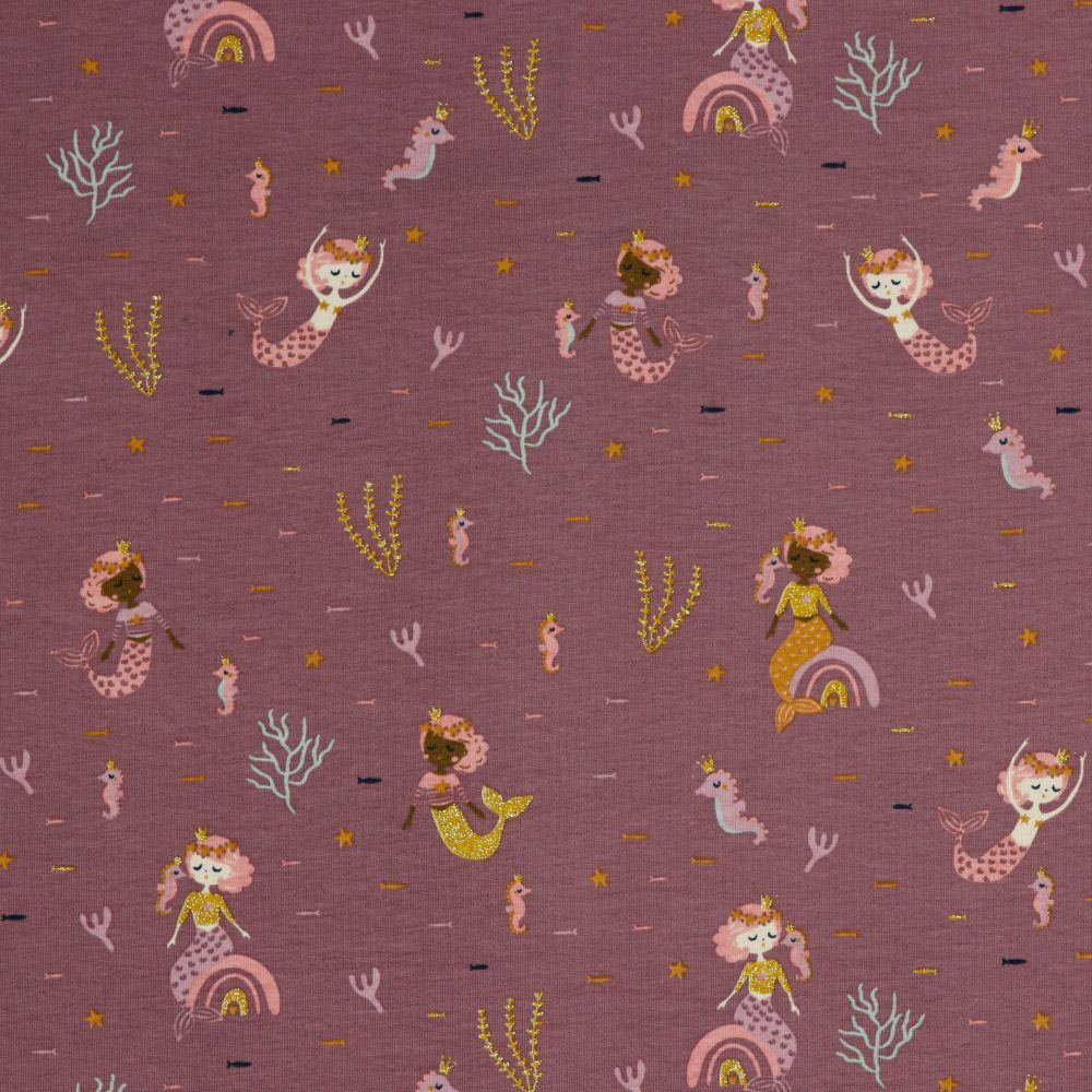 REMNANT 2.07 Metres - Mermaids with Glitter in Old Mauve Cotton Jersey
