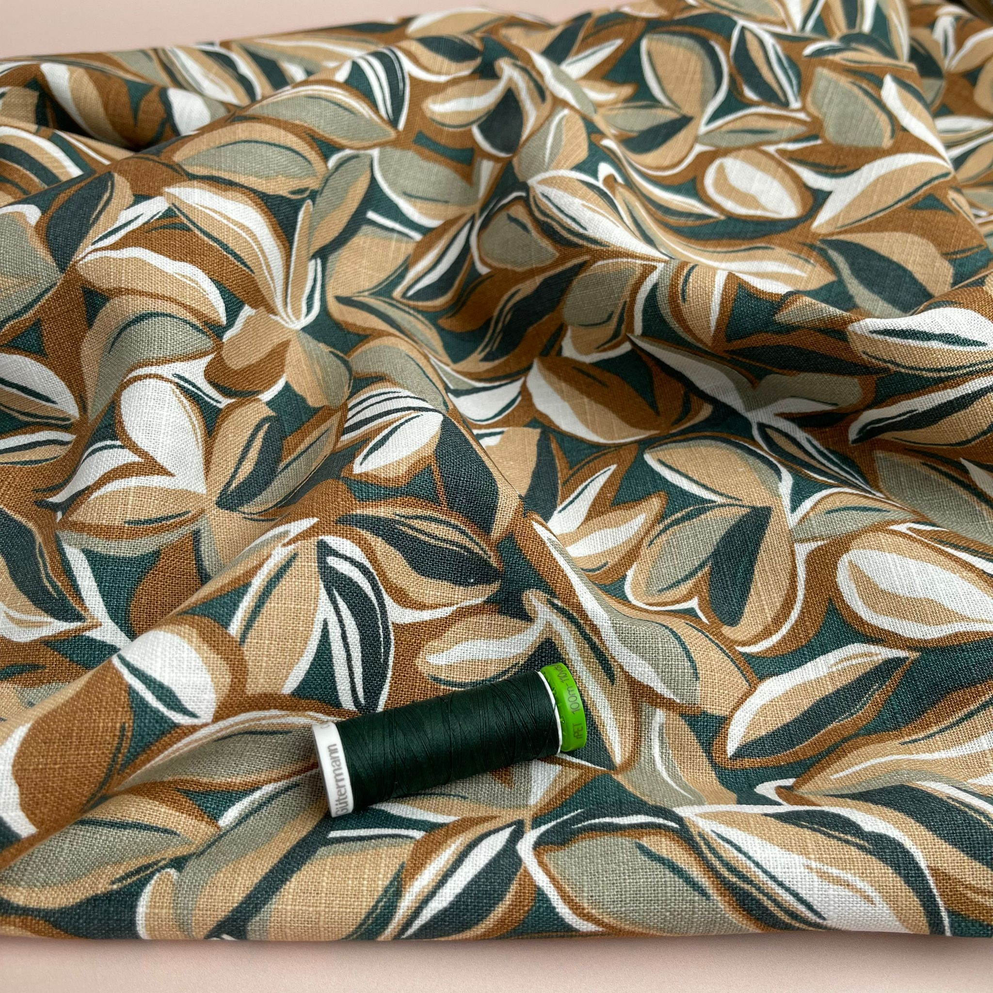 REMNANT 0.26 Metre - Leaves Enzyme Washed Pure Linen Fabric in Green