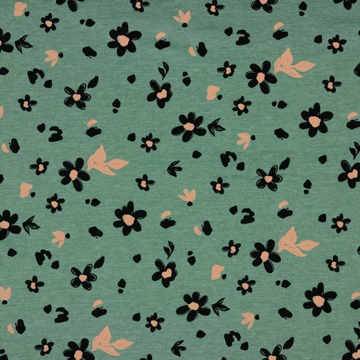 Flowers Green Cotton Melange Jersey
