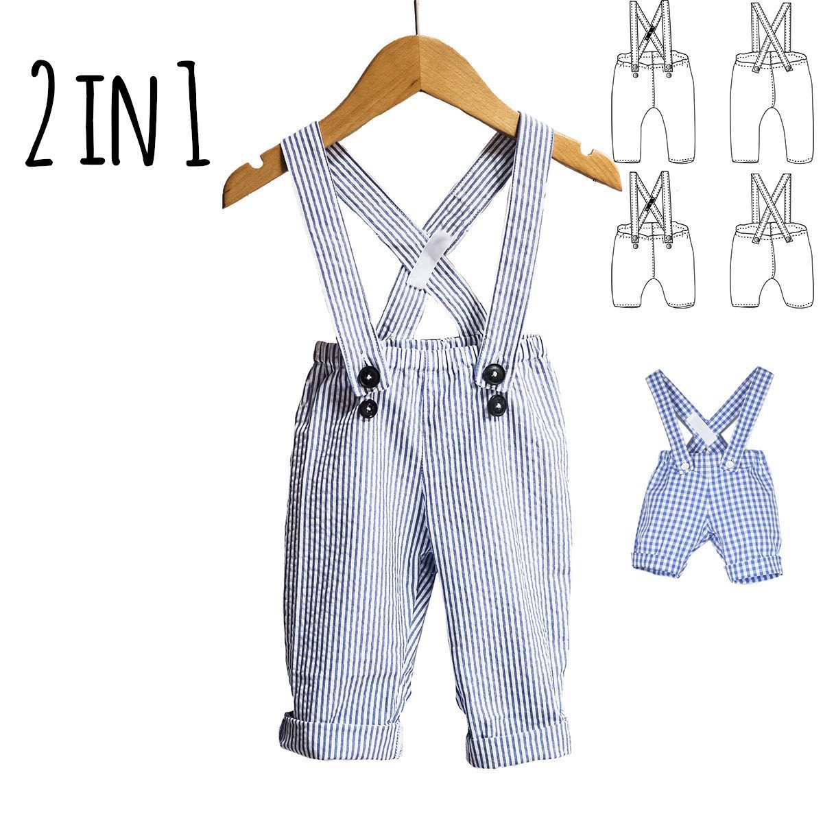Ikatee - BRIGHTON pants/shorty with suspenders - Baby 6M/4Y- Paper Sewing Pattern