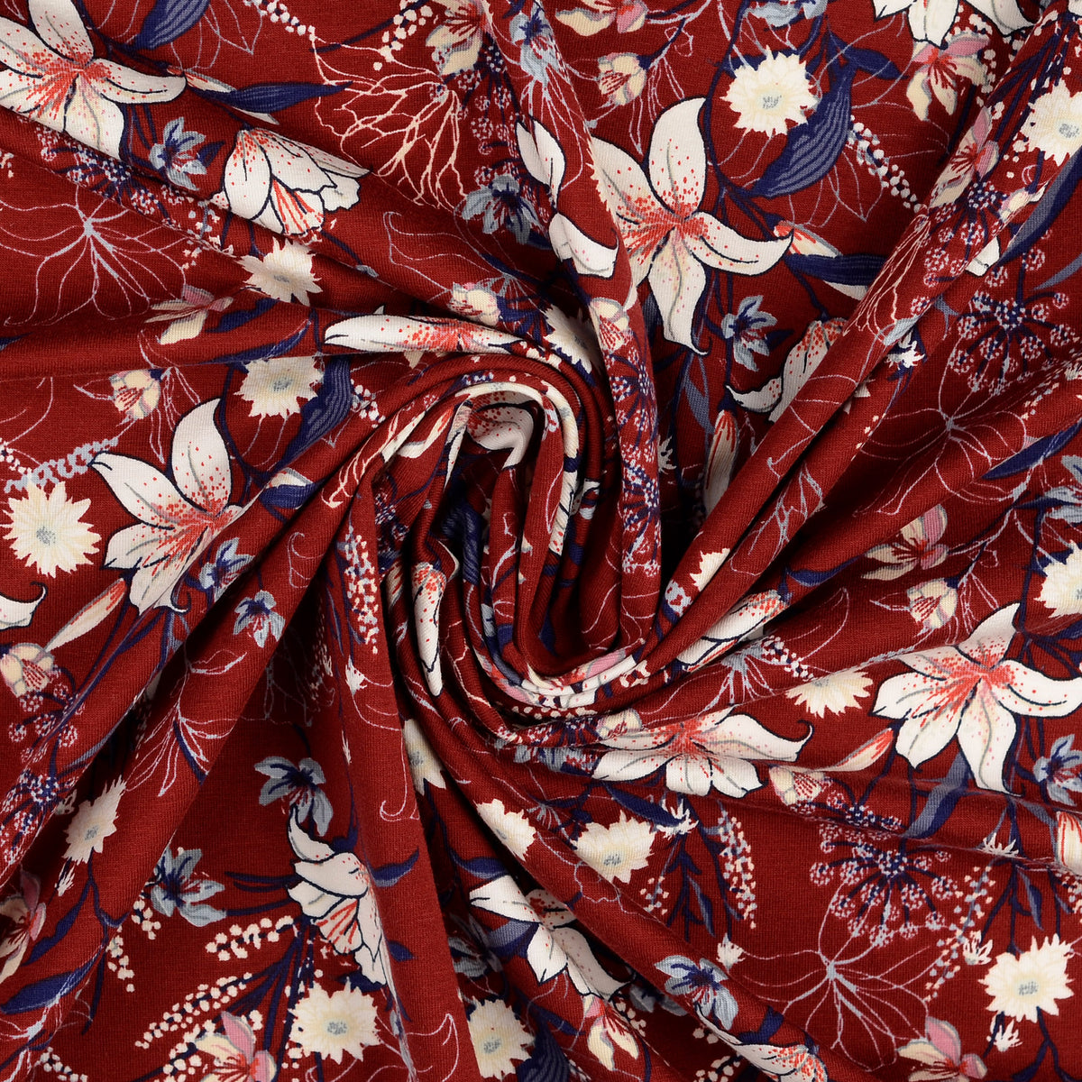 Lilies on Budgundy Cotton Jersey Fabric Lamazi Fabrics