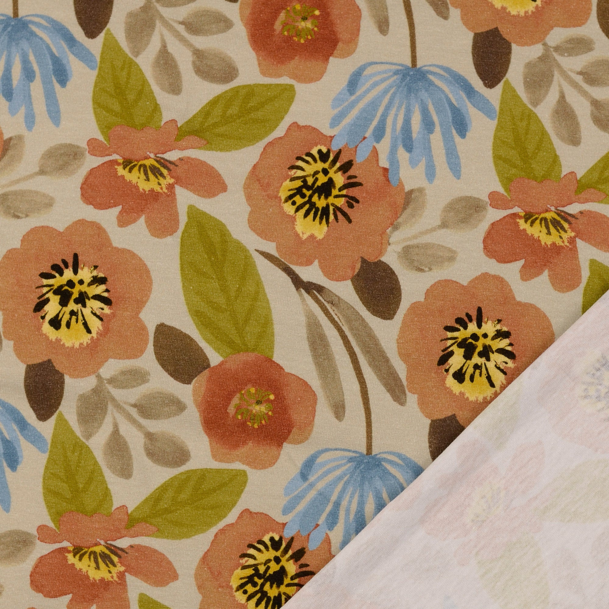 REMNANT 0.44 Metre - Painted Poppy Beige Cotton Jersey Fabric