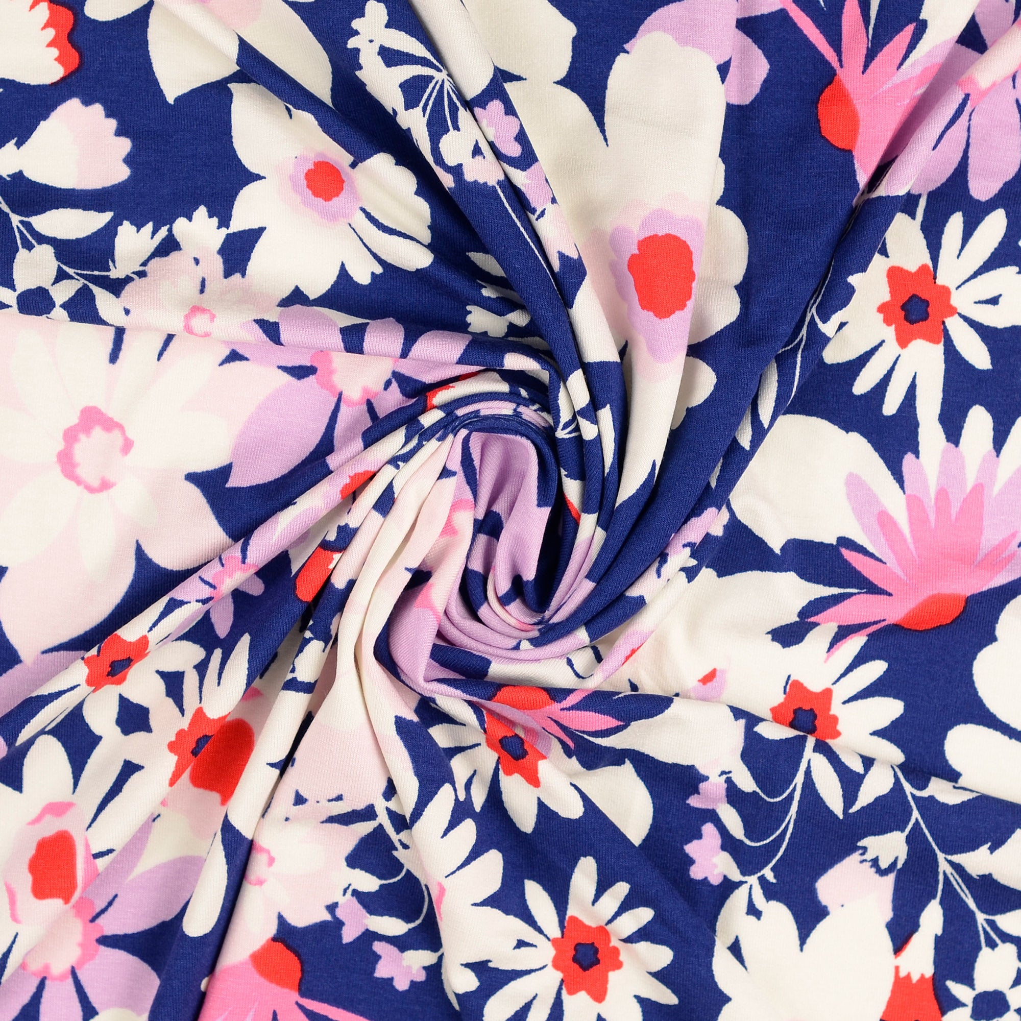 Blooms on Blue Viscose Jersey Fabric