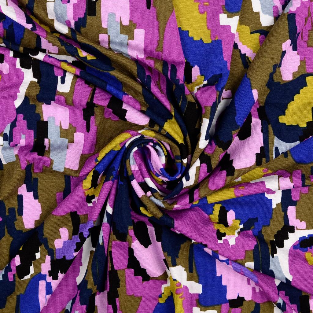 REMNANT 0.68 Metres (plus free section with faults) - Pixel Flowers in Purple Viscose Jersey Fabric