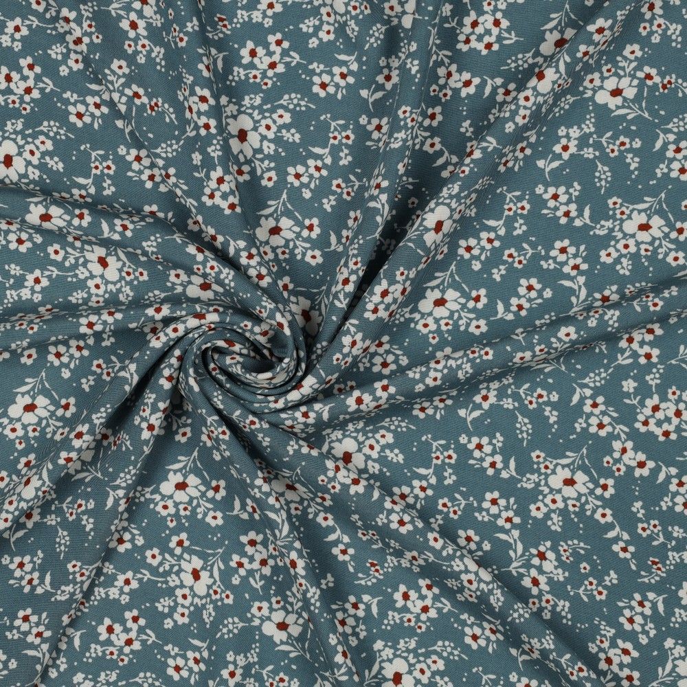 Ditsy Meadow on Dusty Blue Viscose Fabric