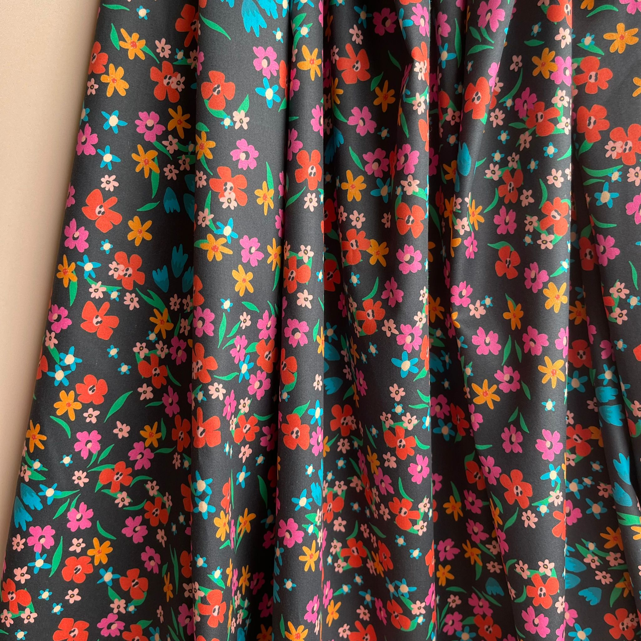 Ditsy Flowers on Black Cotton Sateen Fabric