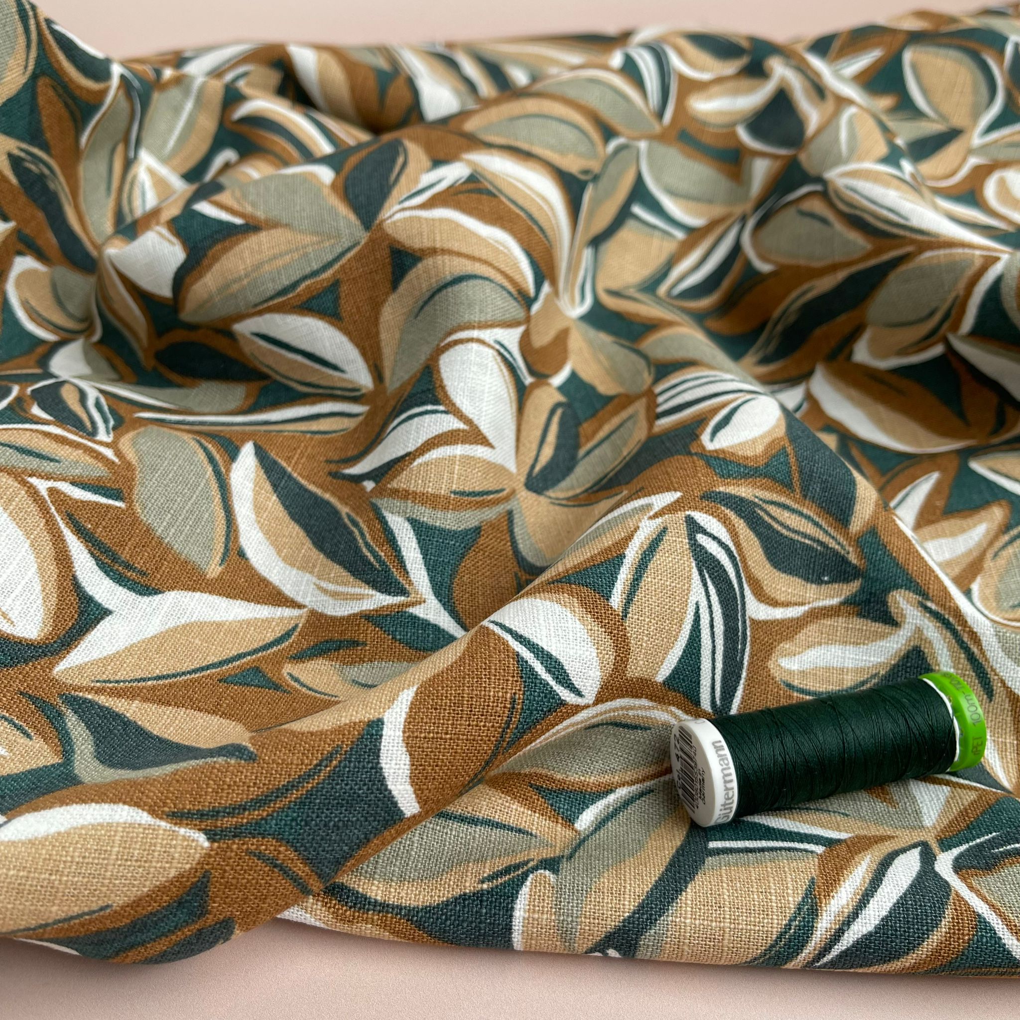 REMNANT 0.26 Metre - Leaves Enzyme Washed Pure Linen Fabric in Green