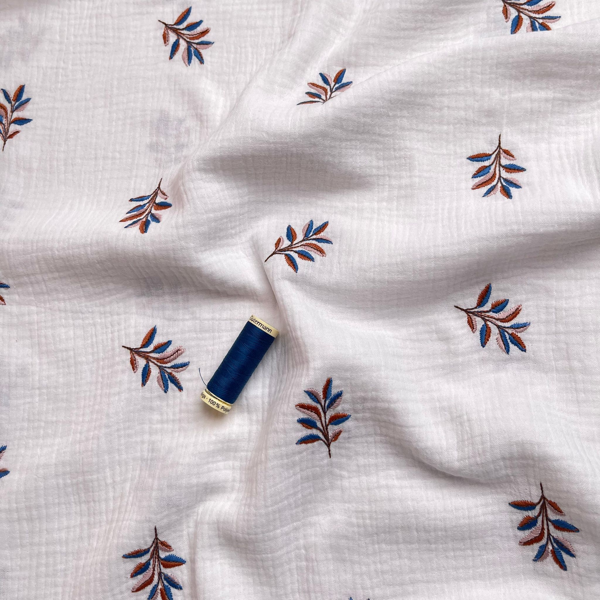 Embroidered Foliage on White Cotton Double Gauze