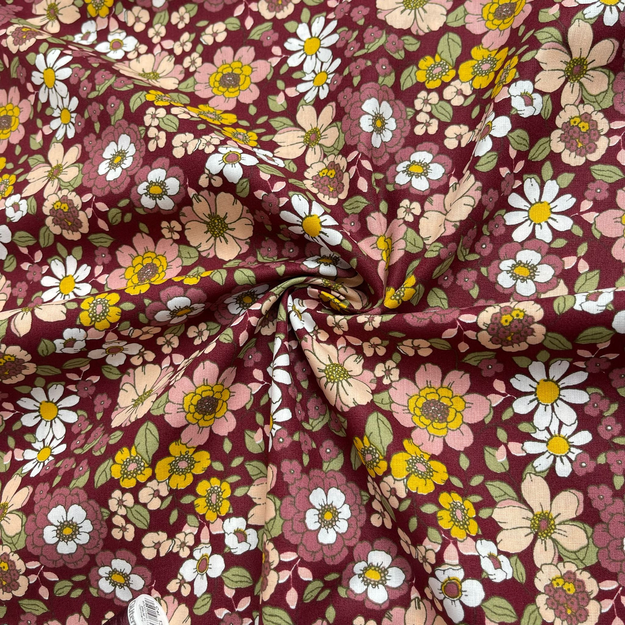 Blooms on Burgundy Cotton Poplin Fabric