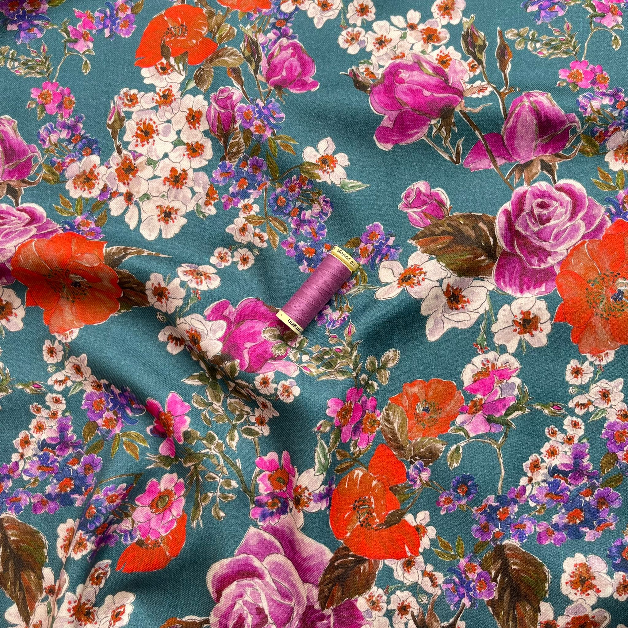 REMNANT 1.68 Metres - Blossoms on Teal Modal Blend Twill Dress Fabric