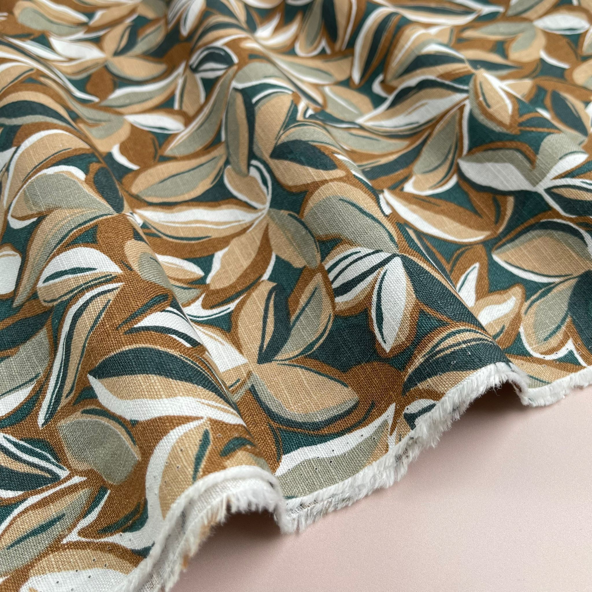 REMNANT 0.26 Metre - Leaves Enzyme Washed Pure Linen Fabric in Green