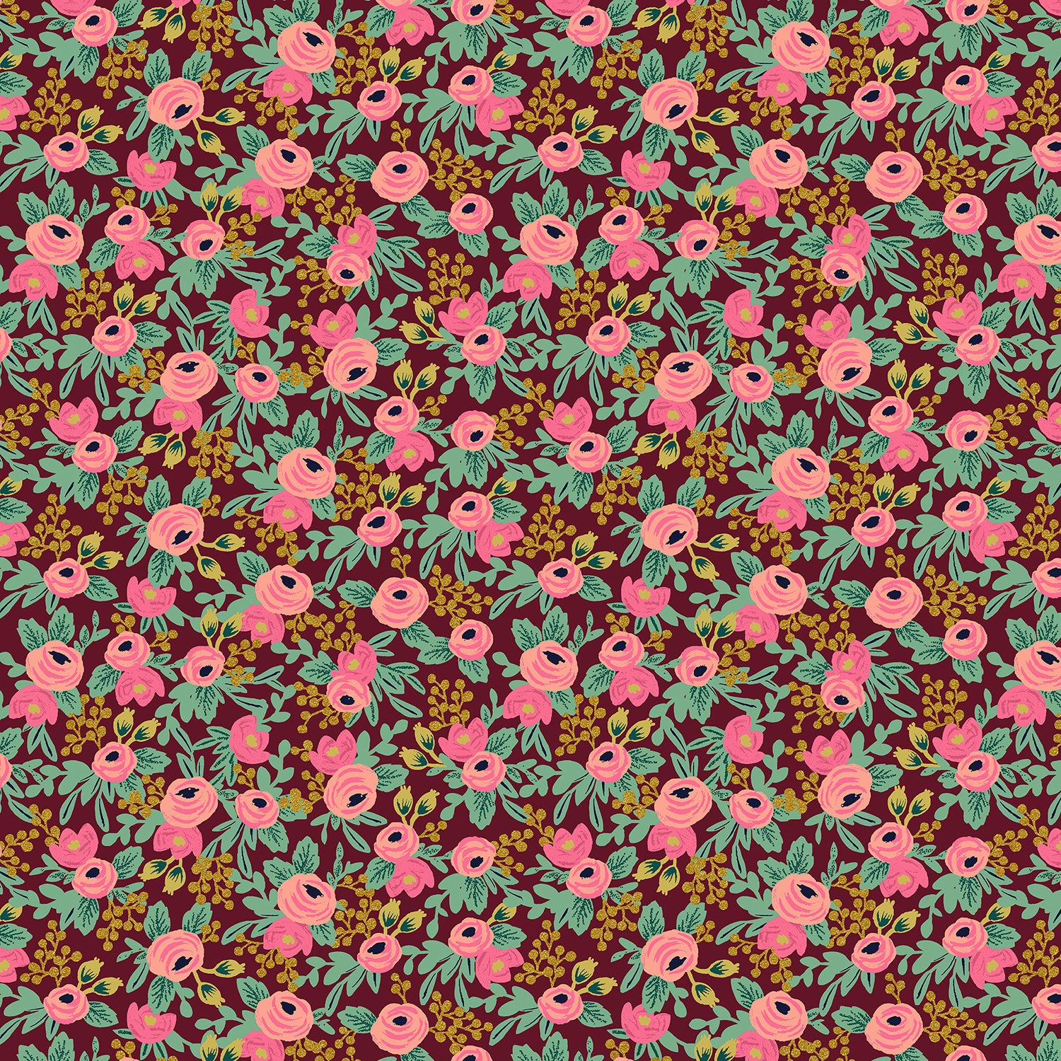 Rifle Paper Co - Garden Party Rosa Burgundy Metallic Cotton Fabric