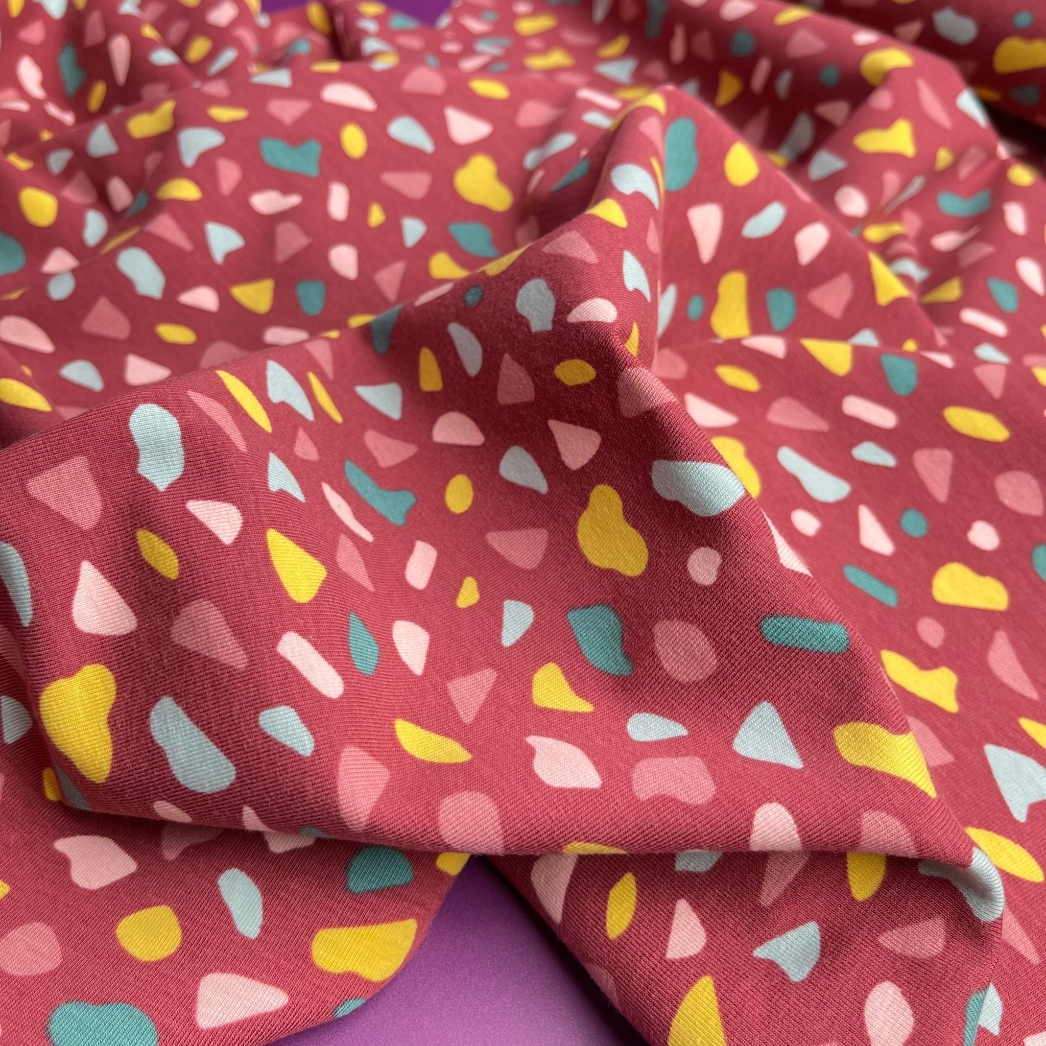 Joyful Terrazzo Red GOTS Organic Cotton Jersey Fabric