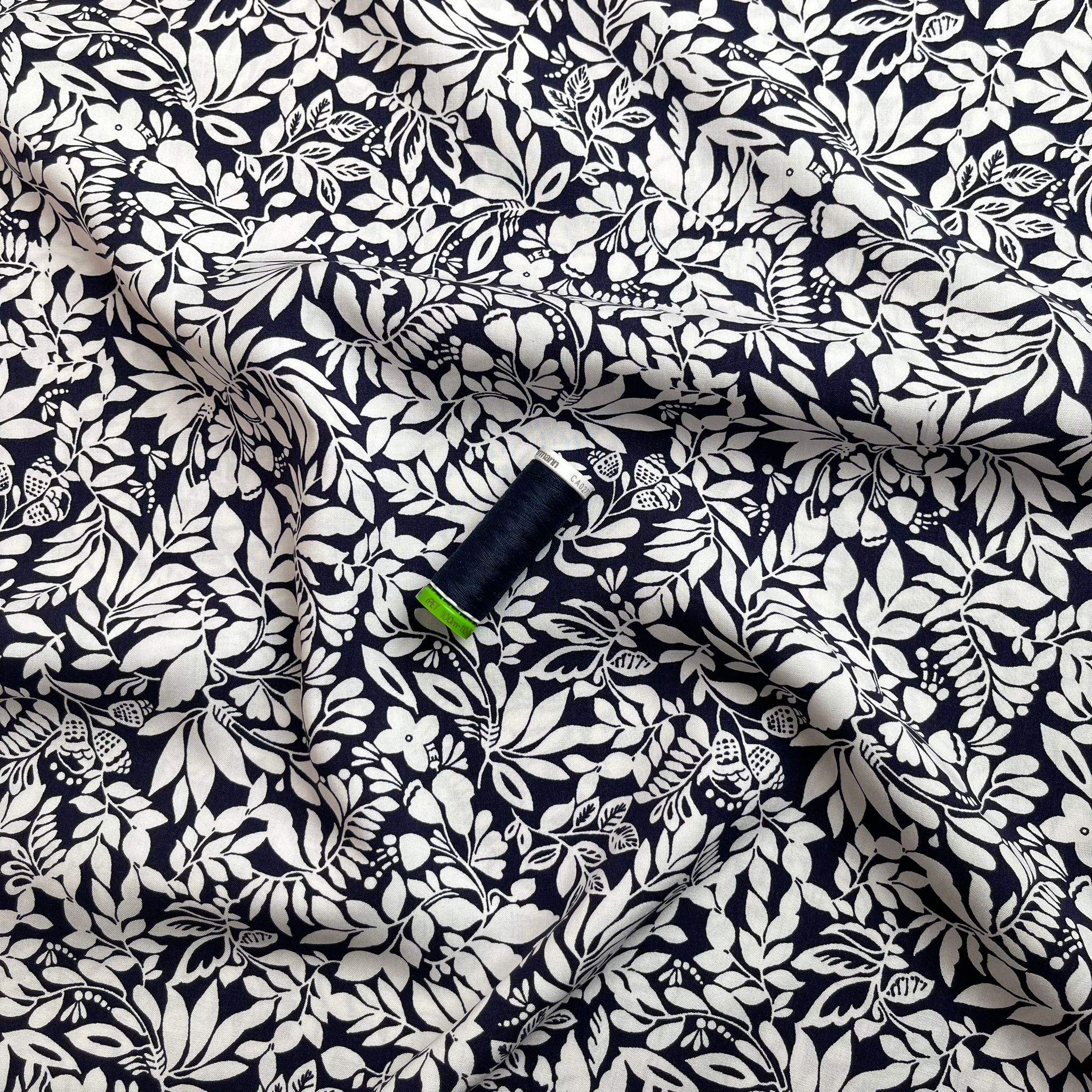 Foliage Dark Navy Viscose Poplin Fabric