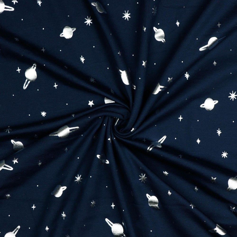 Silver Planets on Navy Cotton Jersey Fabric