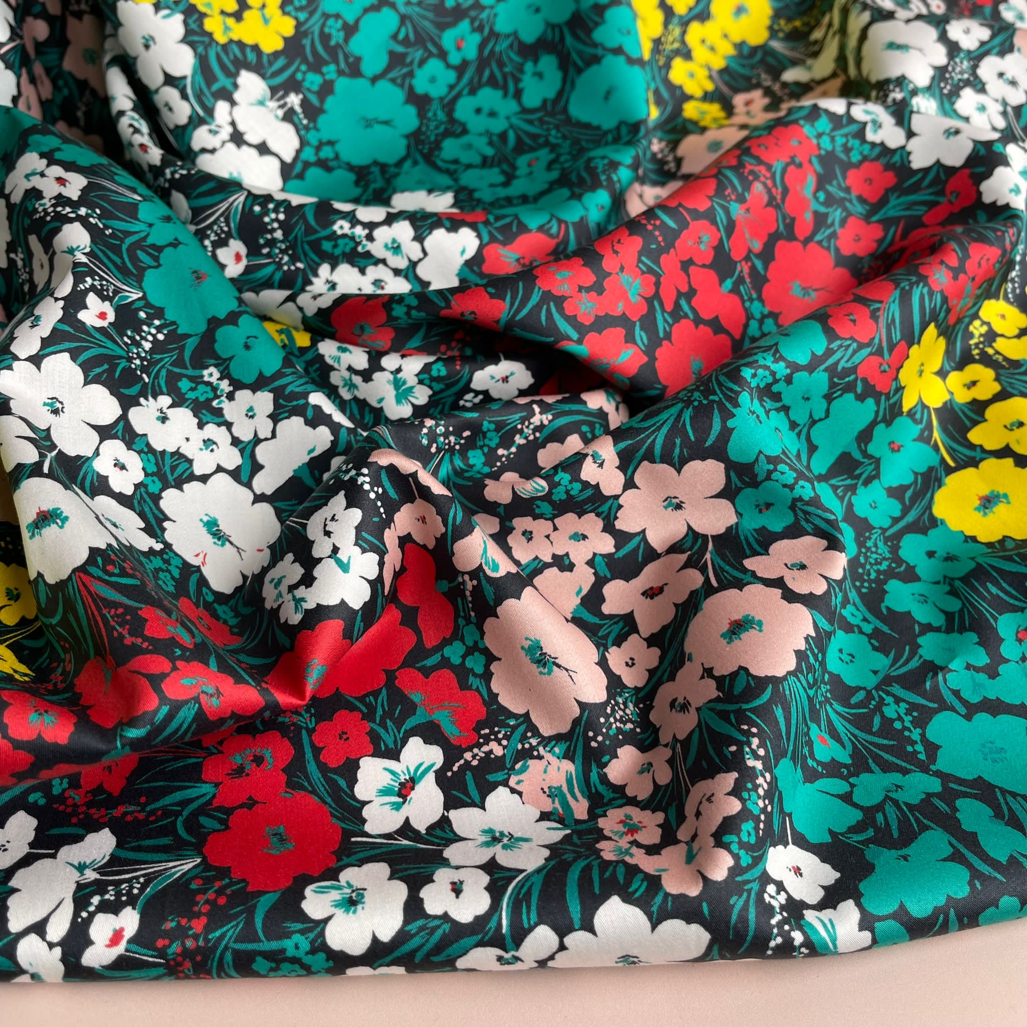 REMNANT 2.67 Metres - Meadow Flowers on Black Cotton Sateen Fabric