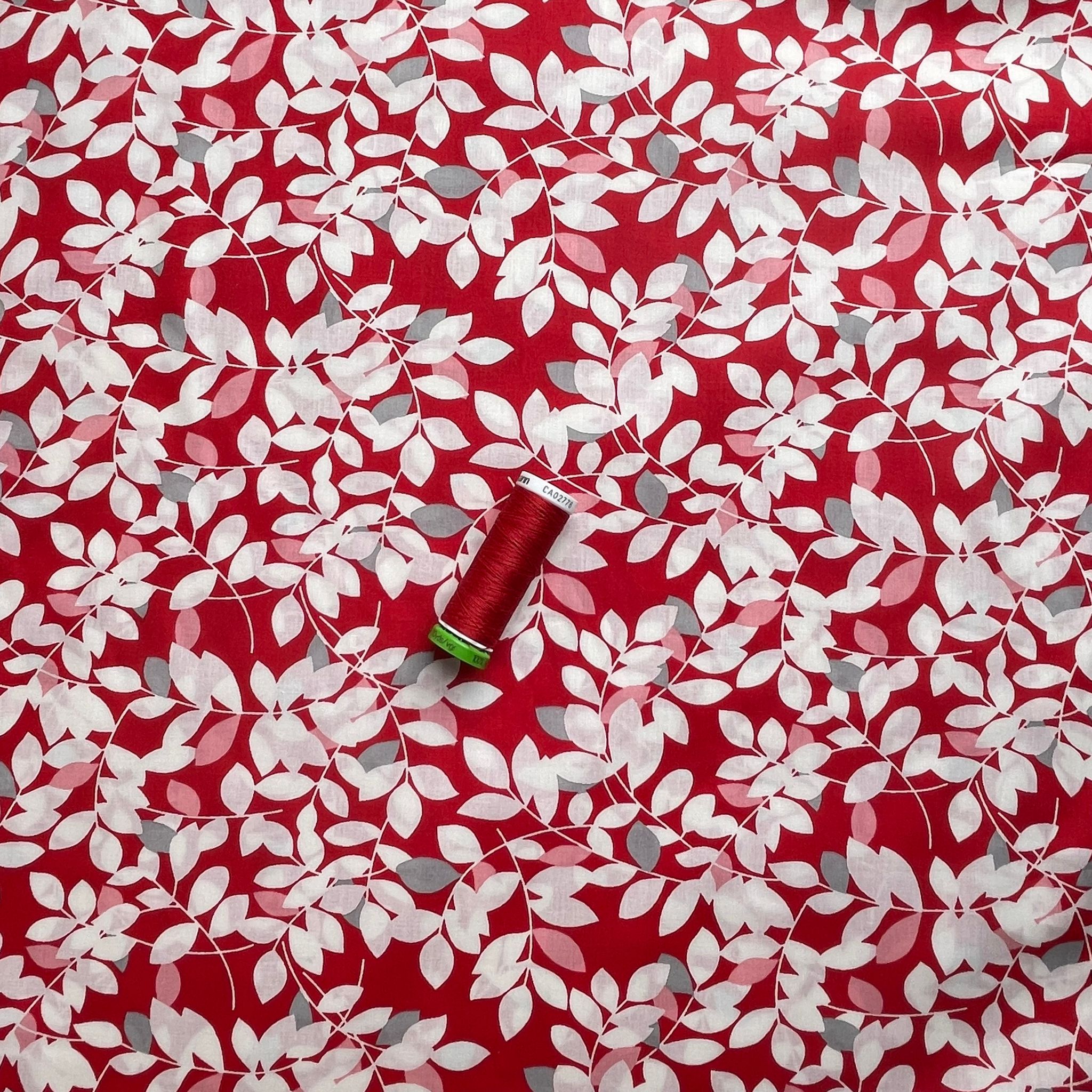 White Foliage on Red Cotton Lawn Fabric