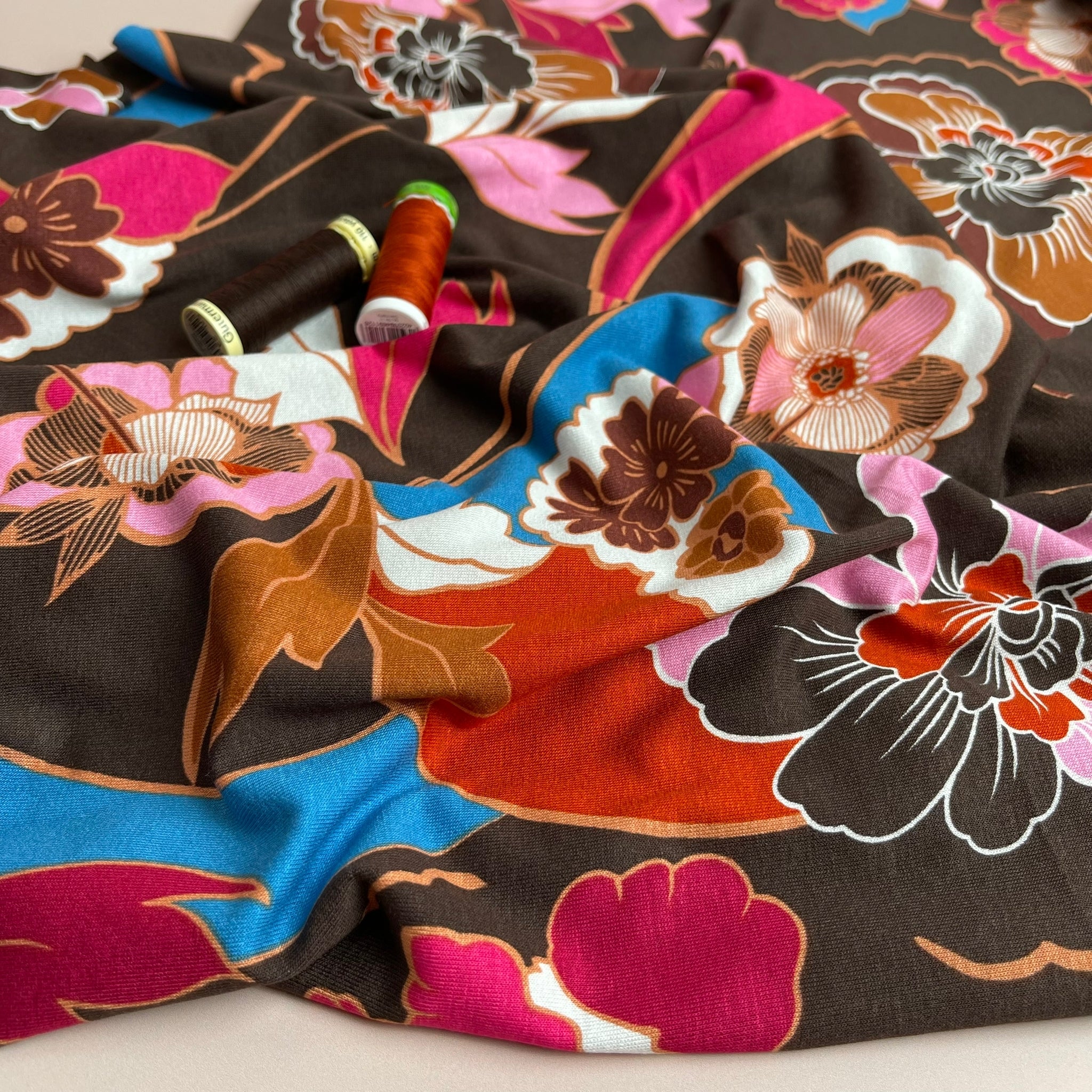 Graphic Floral Dark Brown Viscose Jersey Fabric