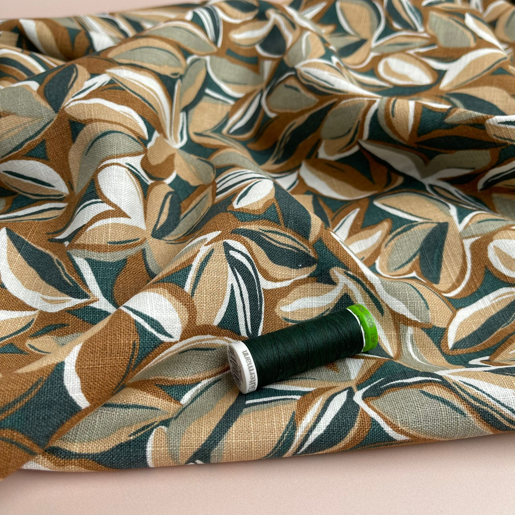 REMNANT 0.26 Metre - Leaves Enzyme Washed Pure Linen Fabric in Green