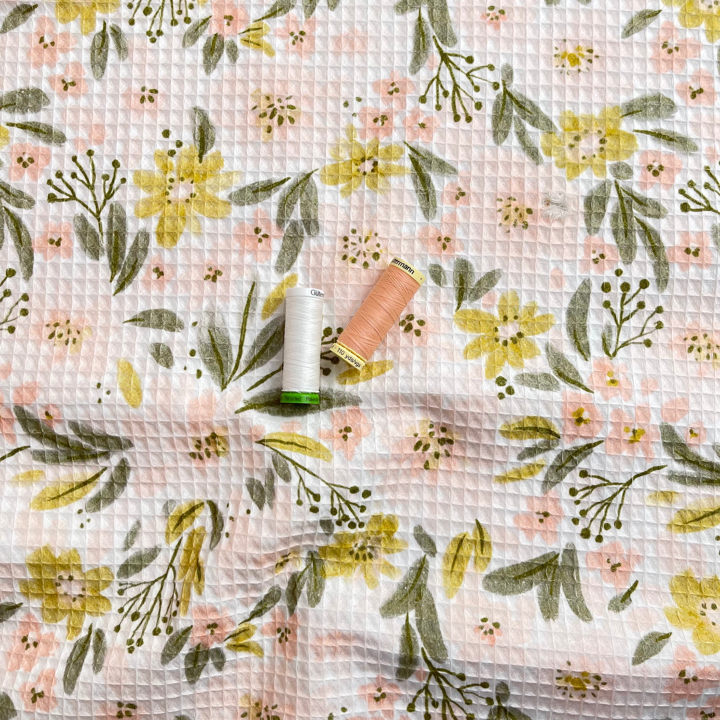 REMNANT 0.36 Metre - White Floral Pure Cotton Waffle Fabric