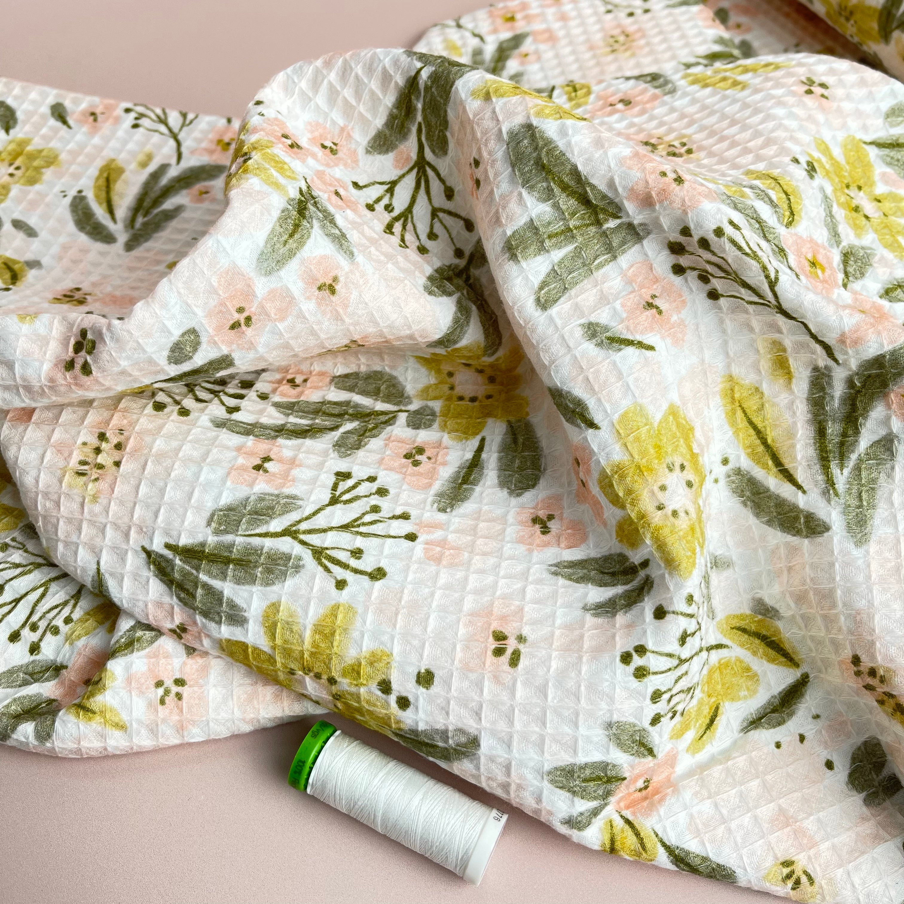 REMNANT 0.36 Metre - White Floral Pure Cotton Waffle Fabric