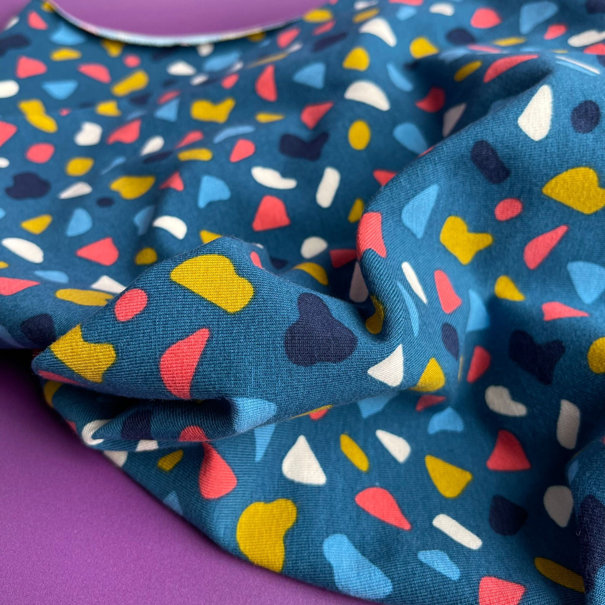 Joyful Terrazzo Teal GOTS Organic Cotton Jersey Fabric