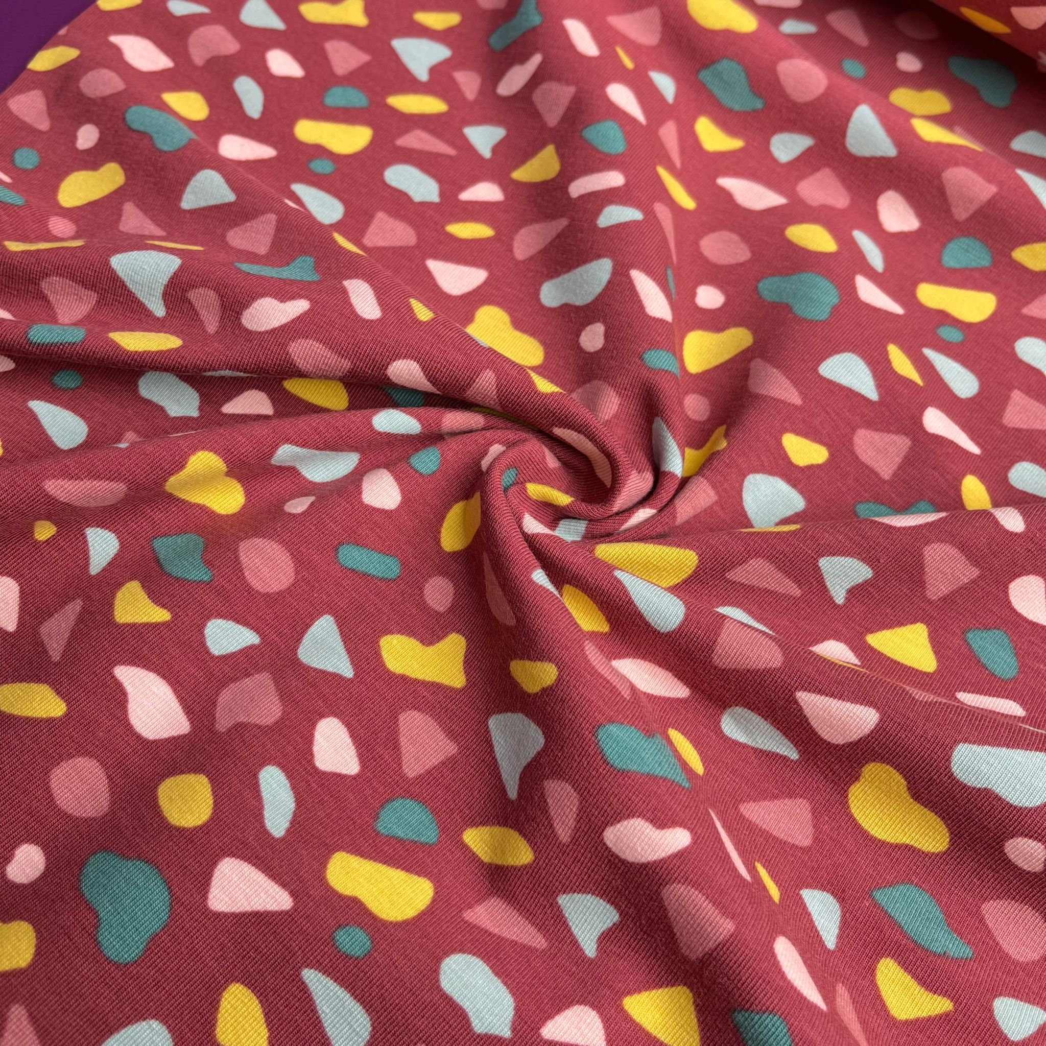 Joyful Terrazzo Red GOTS Organic Cotton Jersey Fabric