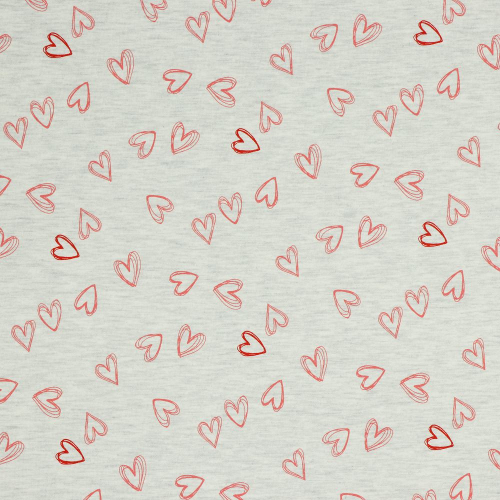 REMNANT 0.35 Metre - Hearts in Ecru Melange Cotton Jersey Fabric