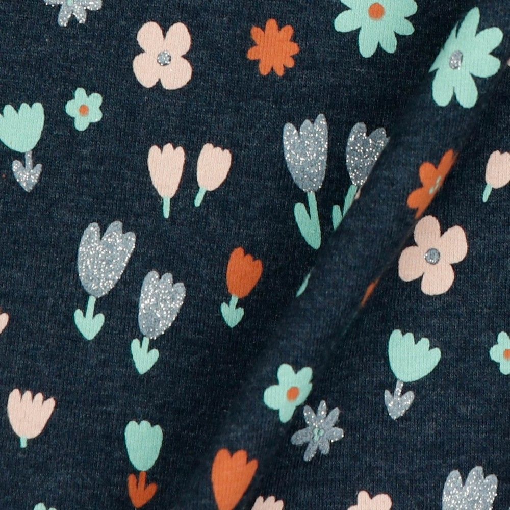 Small Flowers with Glitter Indigo Melange Cotton Jersey