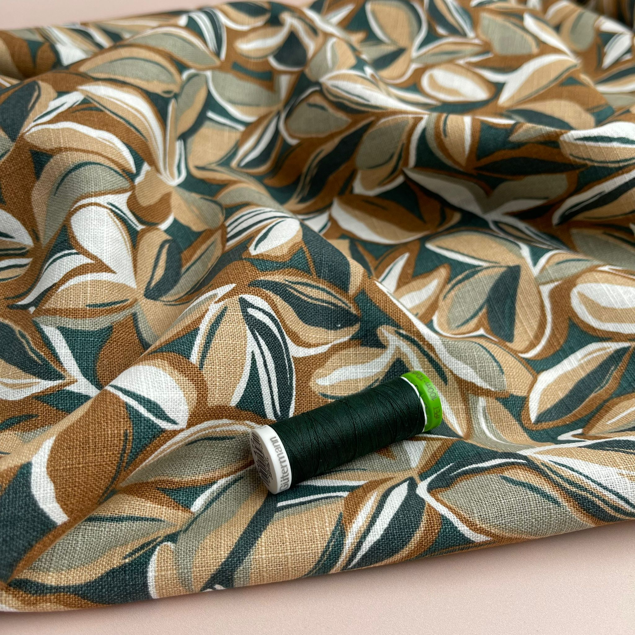REMNANT 0.26 Metre - Leaves Enzyme Washed Pure Linen Fabric in Green