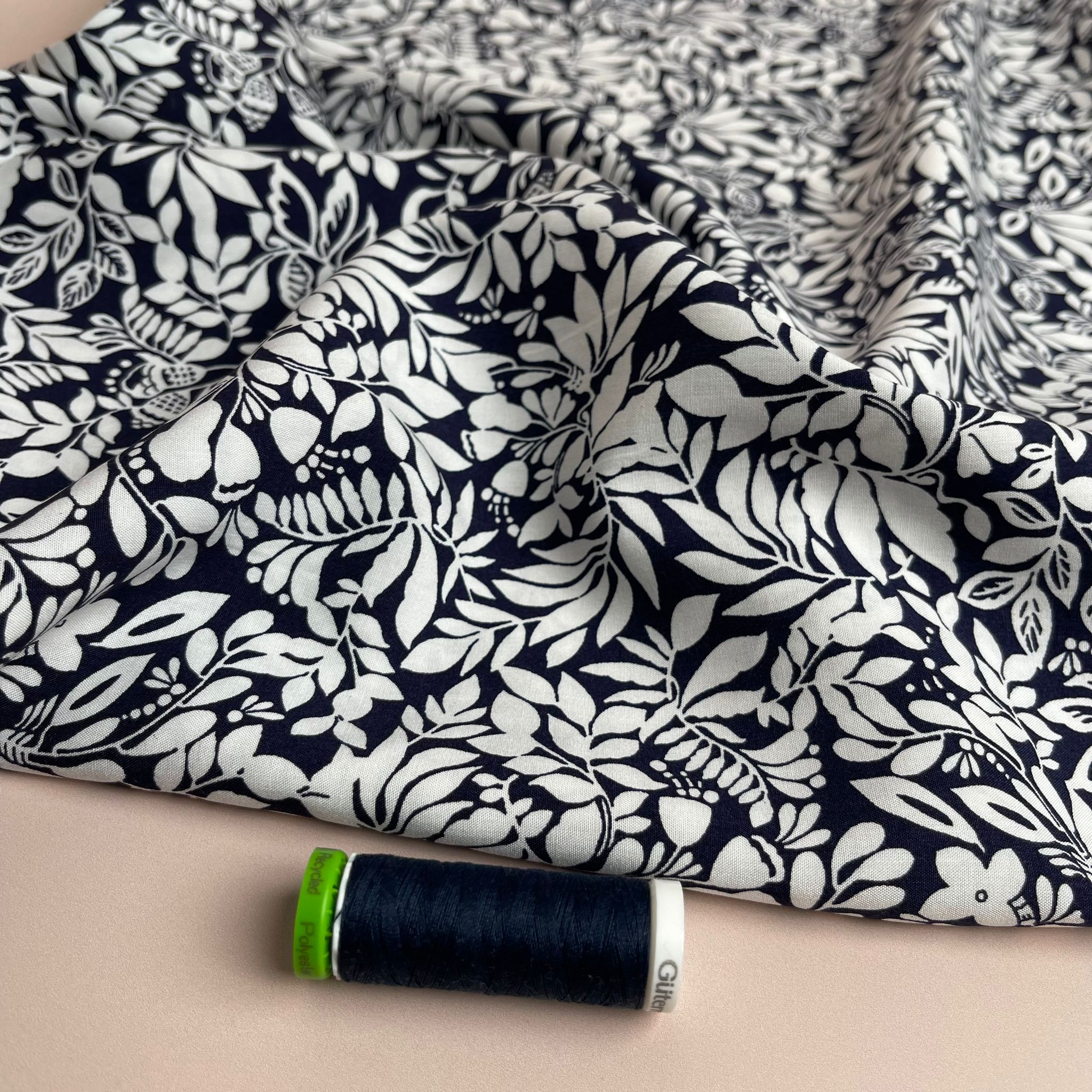 Foliage Dark Navy Viscose Poplin Fabric