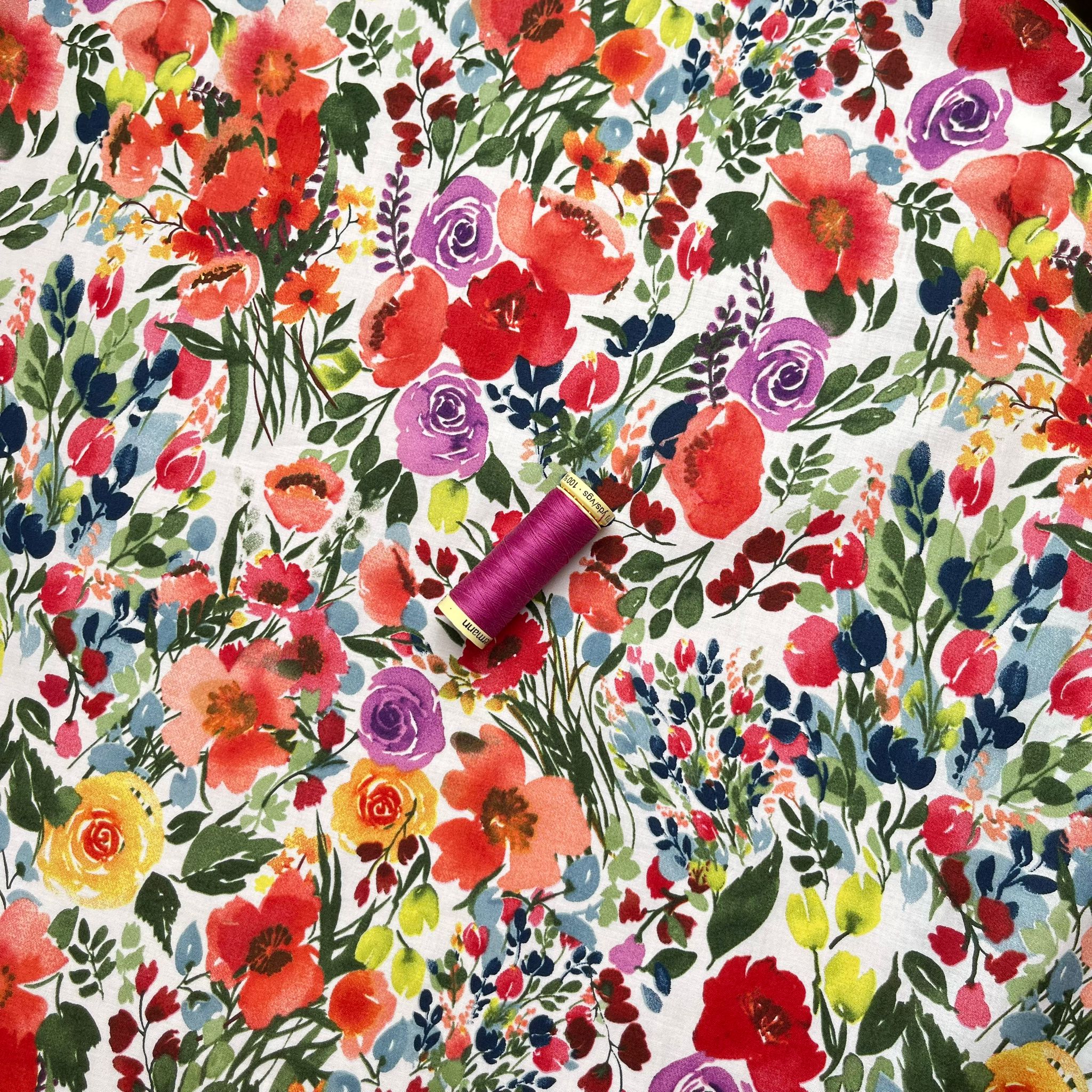 Watercolour Blooms on White Cotton Lawn Fabric