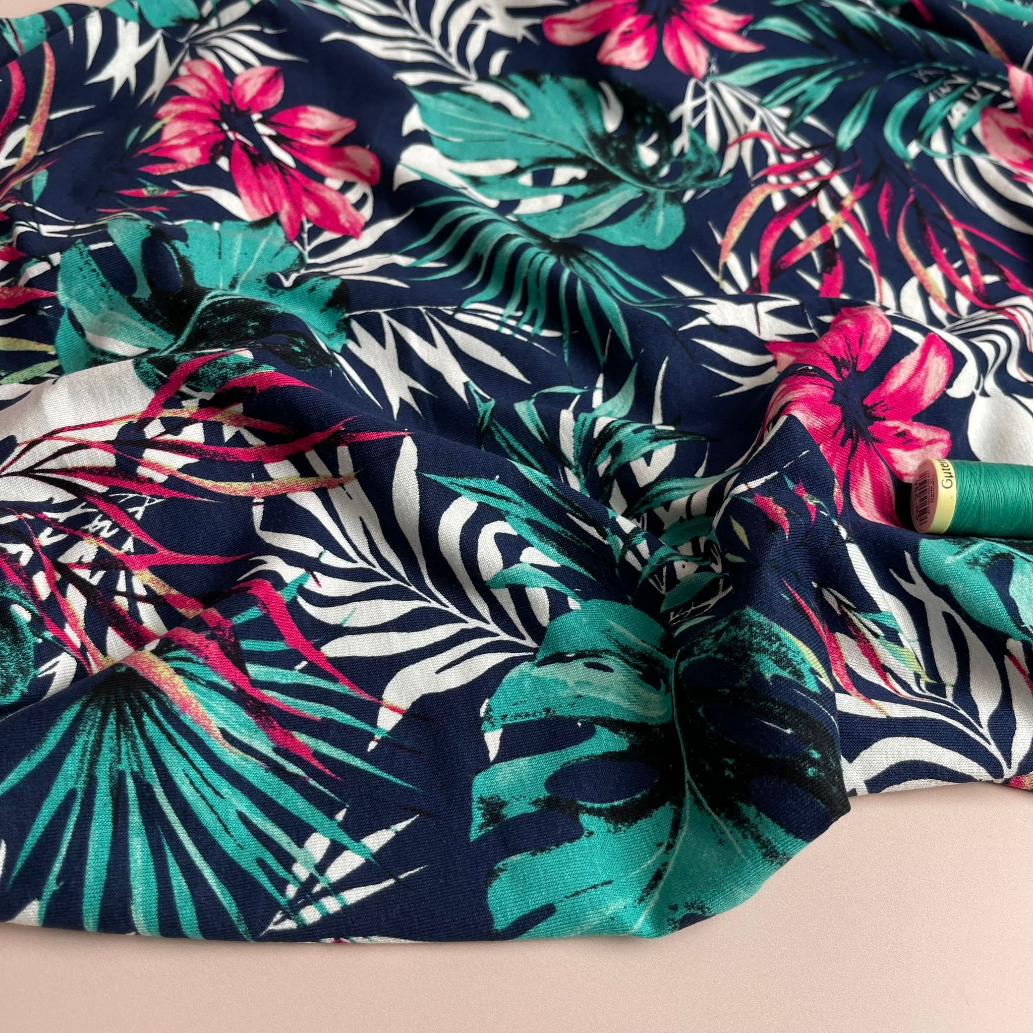 REMNANT 0.4 Metre - Tropical Leaves on Navy Viscose Jersey Fabric