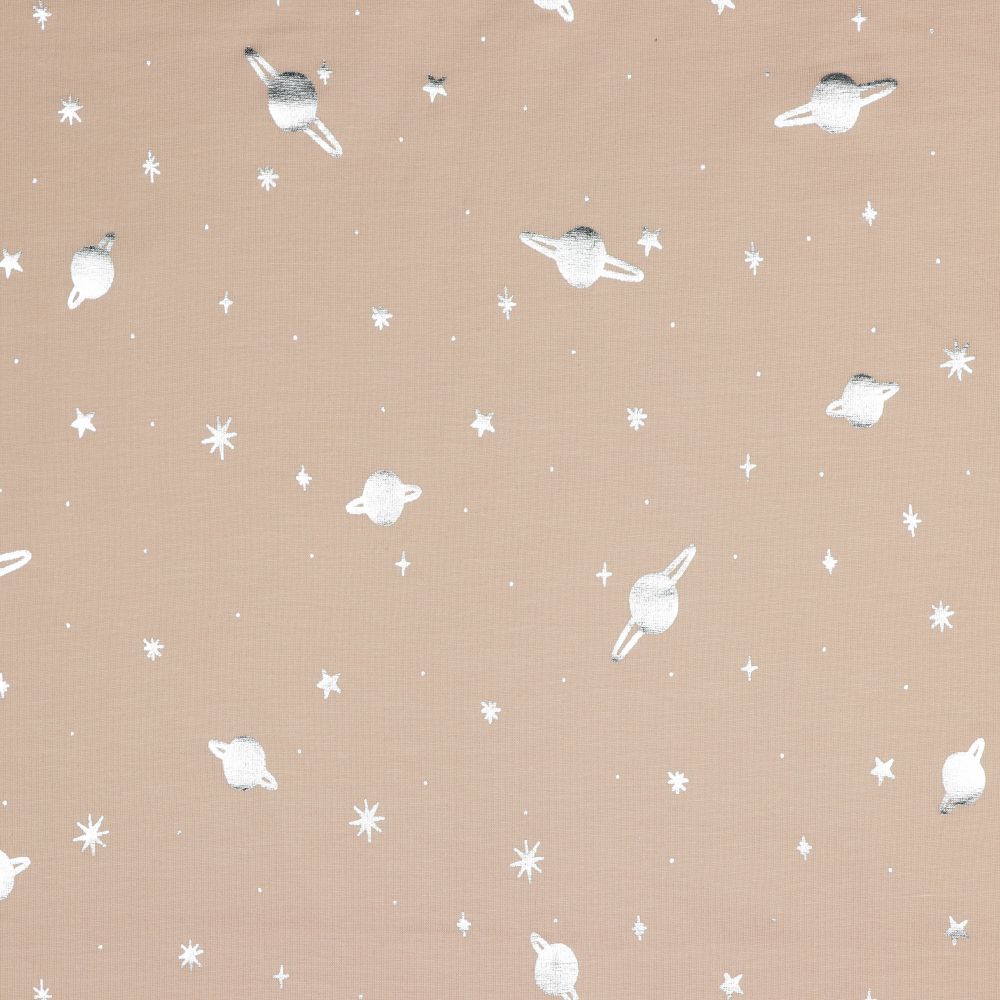 Silver Planets on Rose Cotton Jersey Fabric
