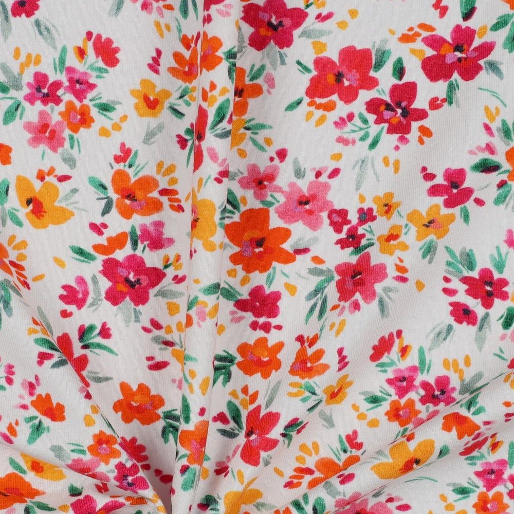 REMNANT 2 Metres (fault, some black marks accross fabric)  - Watercolour Wildflowers on White Cotton Jersey Fabric
