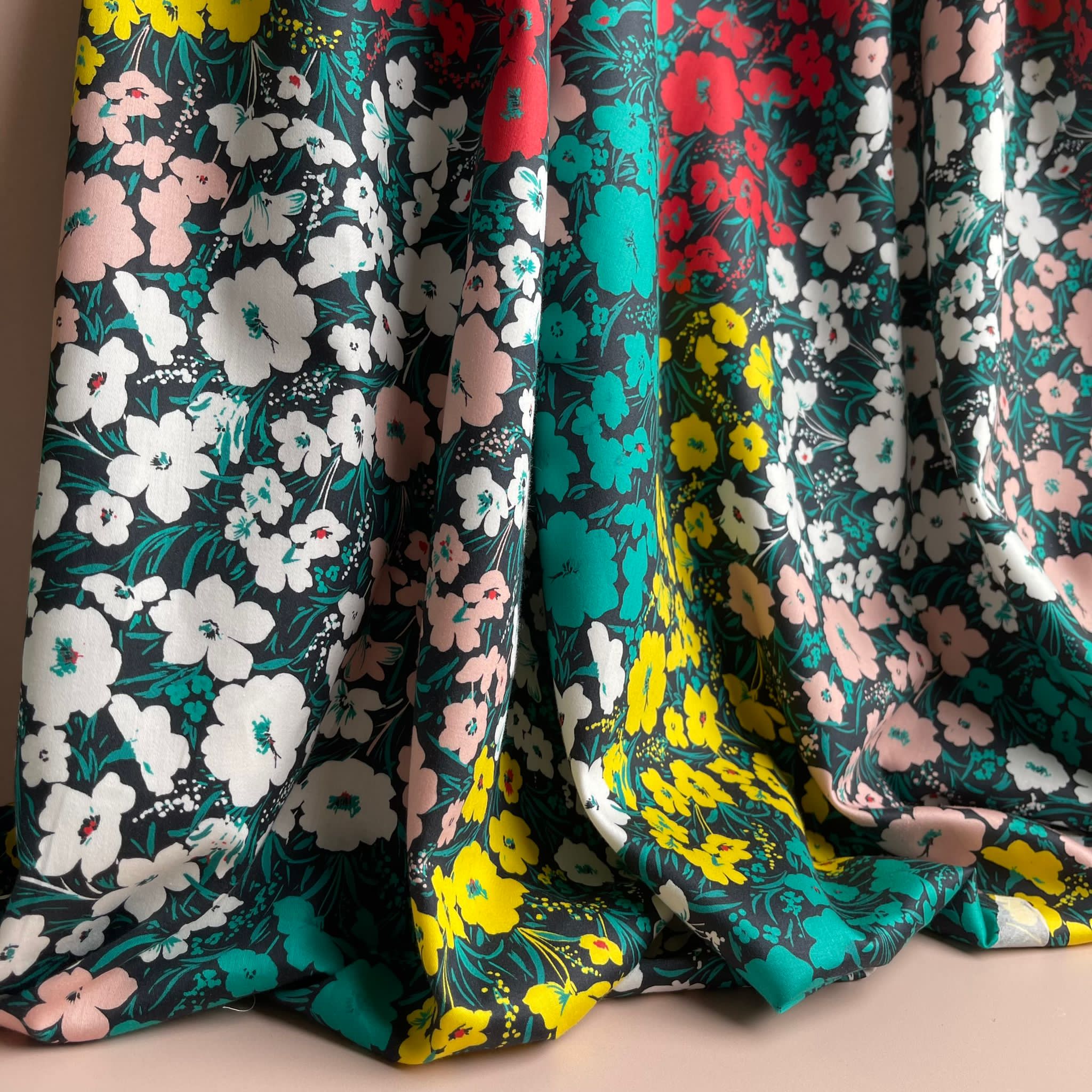 REMNANT 2.67 Metres - Meadow Flowers on Black Cotton Sateen Fabric