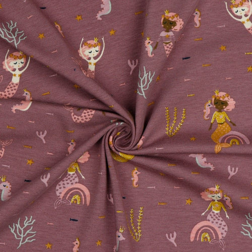 REMNANT 2.07 Metres - Mermaids with Glitter in Old Mauve Cotton Jersey