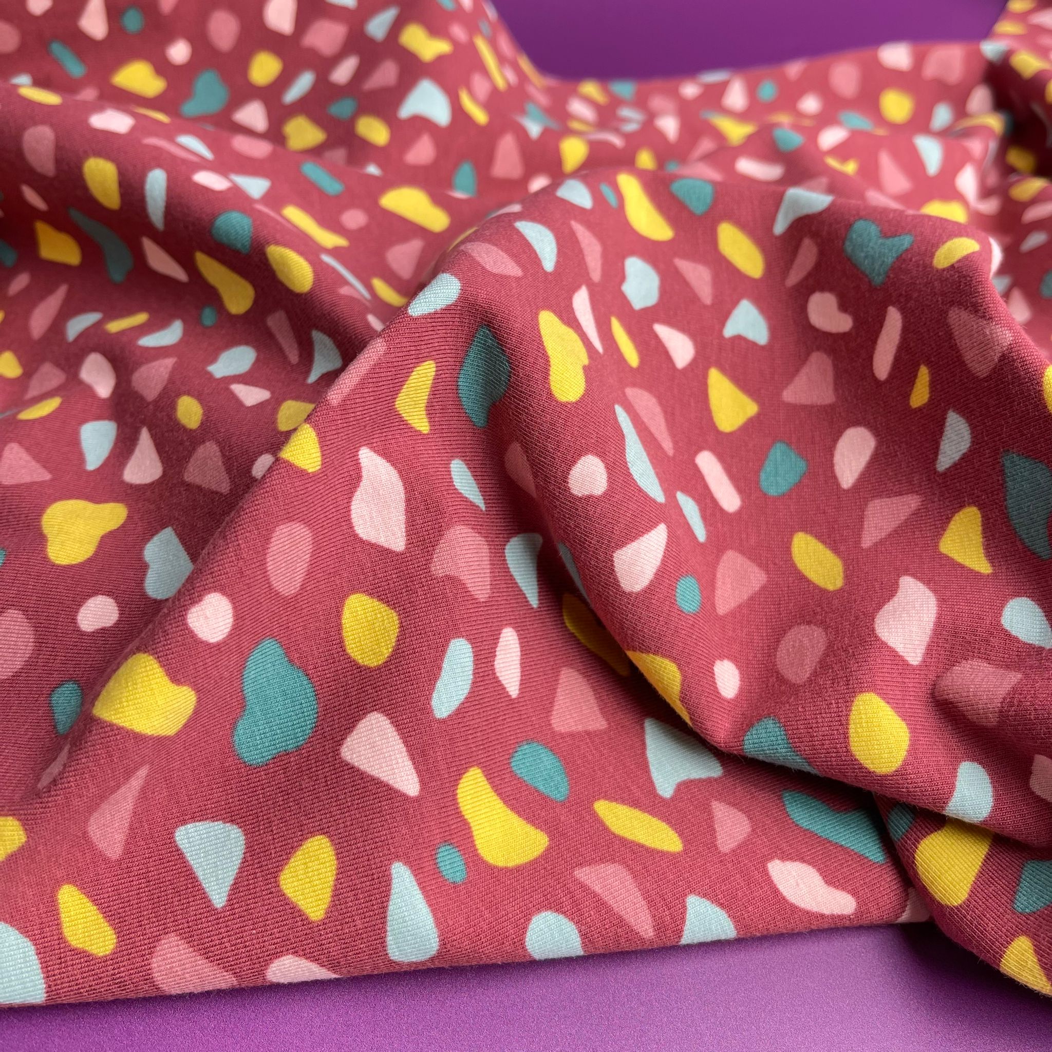 Joyful Terrazzo Red GOTS Organic Cotton Jersey Fabric