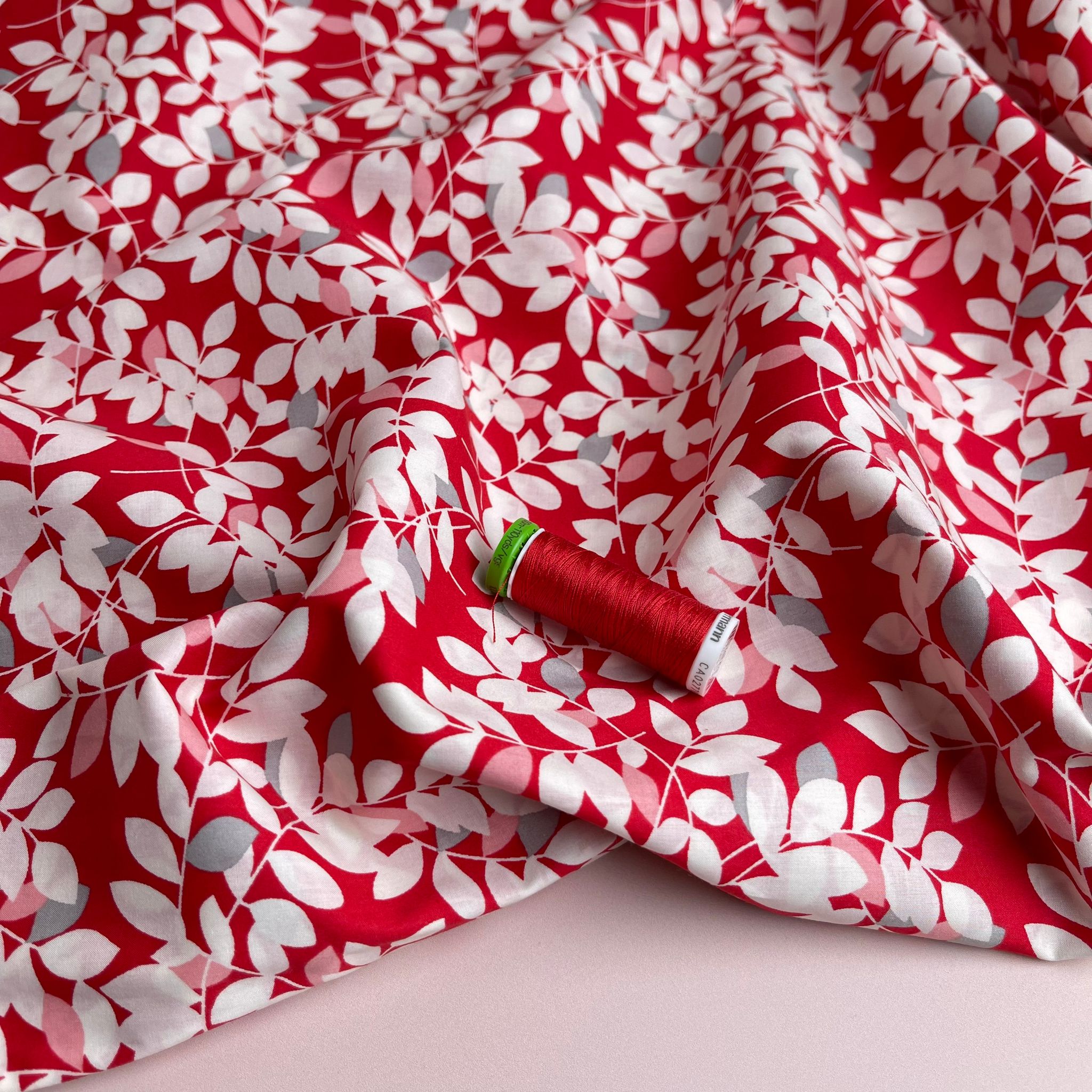 White Foliage on Red Cotton Lawn Fabric
